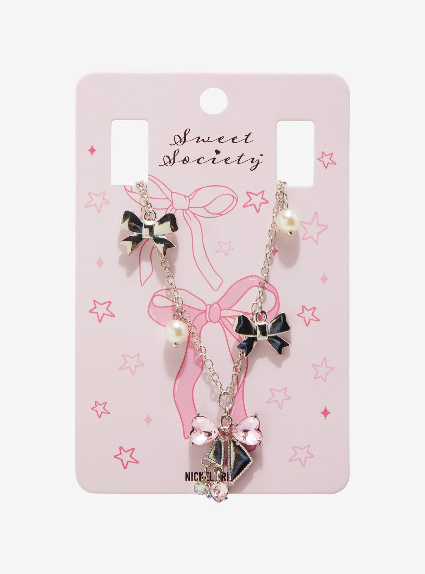 Sweet Society Pink Bow Heart Bead Necklace, , hi-res