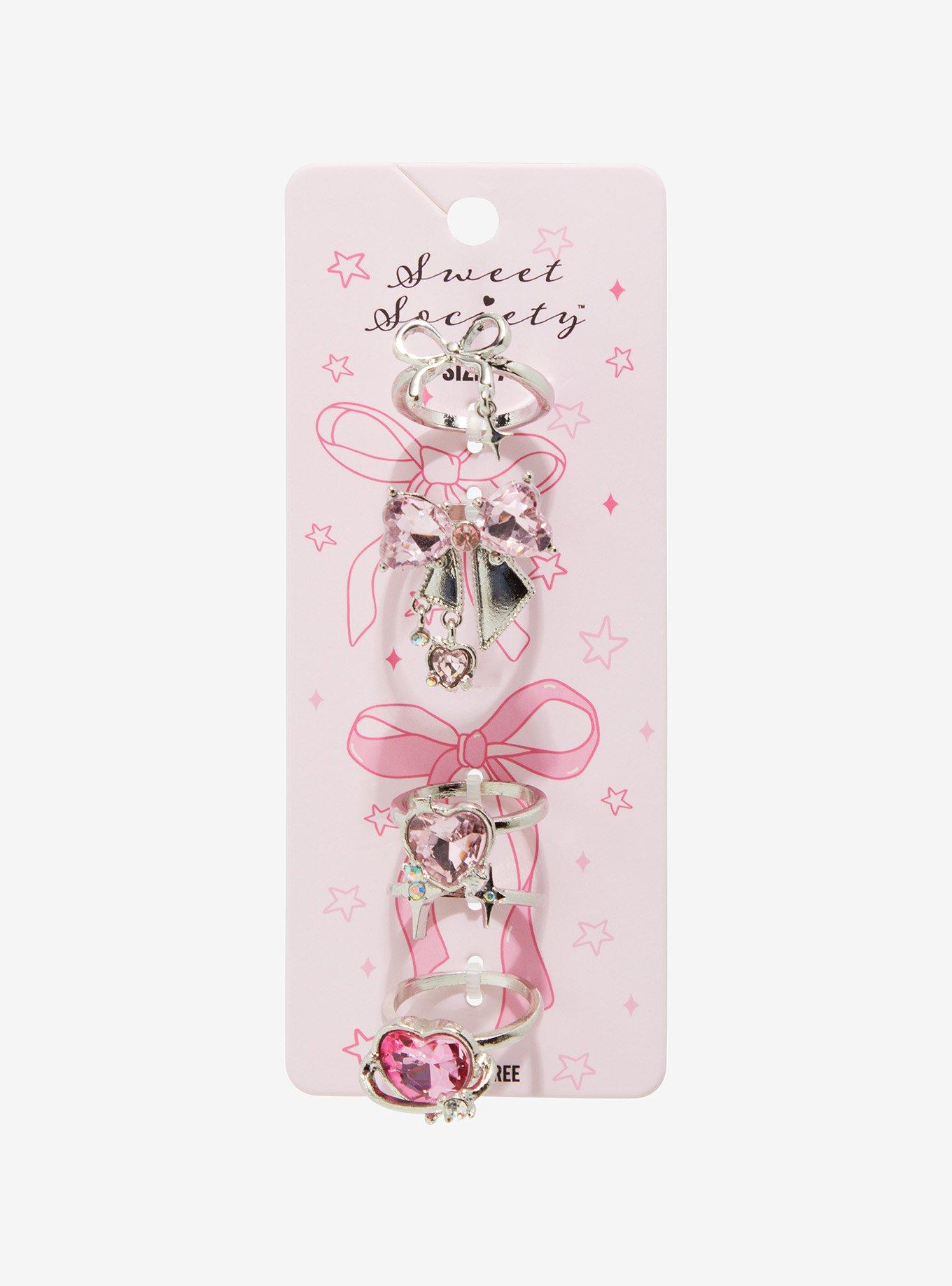 Sweet Society Pink Gem Bow Heart Ring Set, , hi-res
