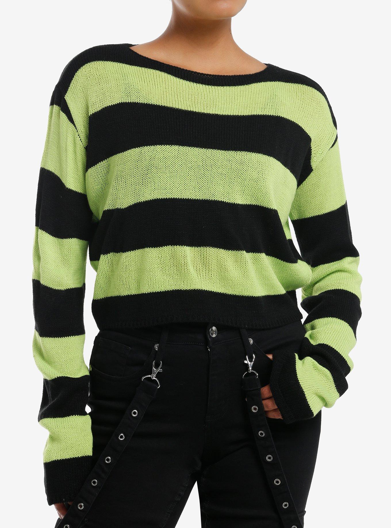 Social Collision Black & Green Stripe Girls Crop Sweater, , hi-res