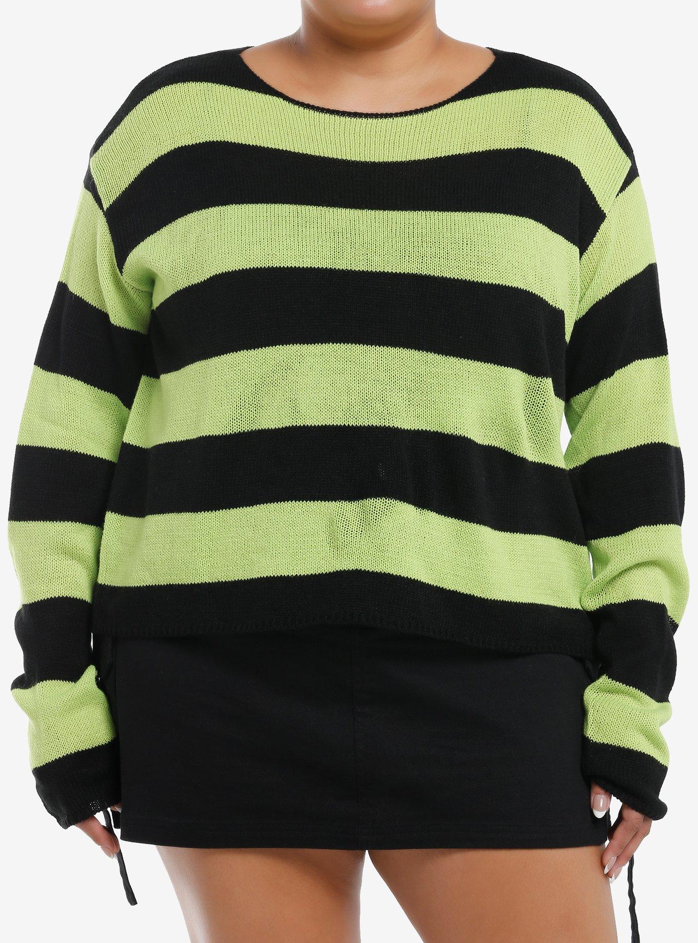 Social Collision Black & Green Stripe Girls Crop Sweater Plus Size, BLACK, hi-res