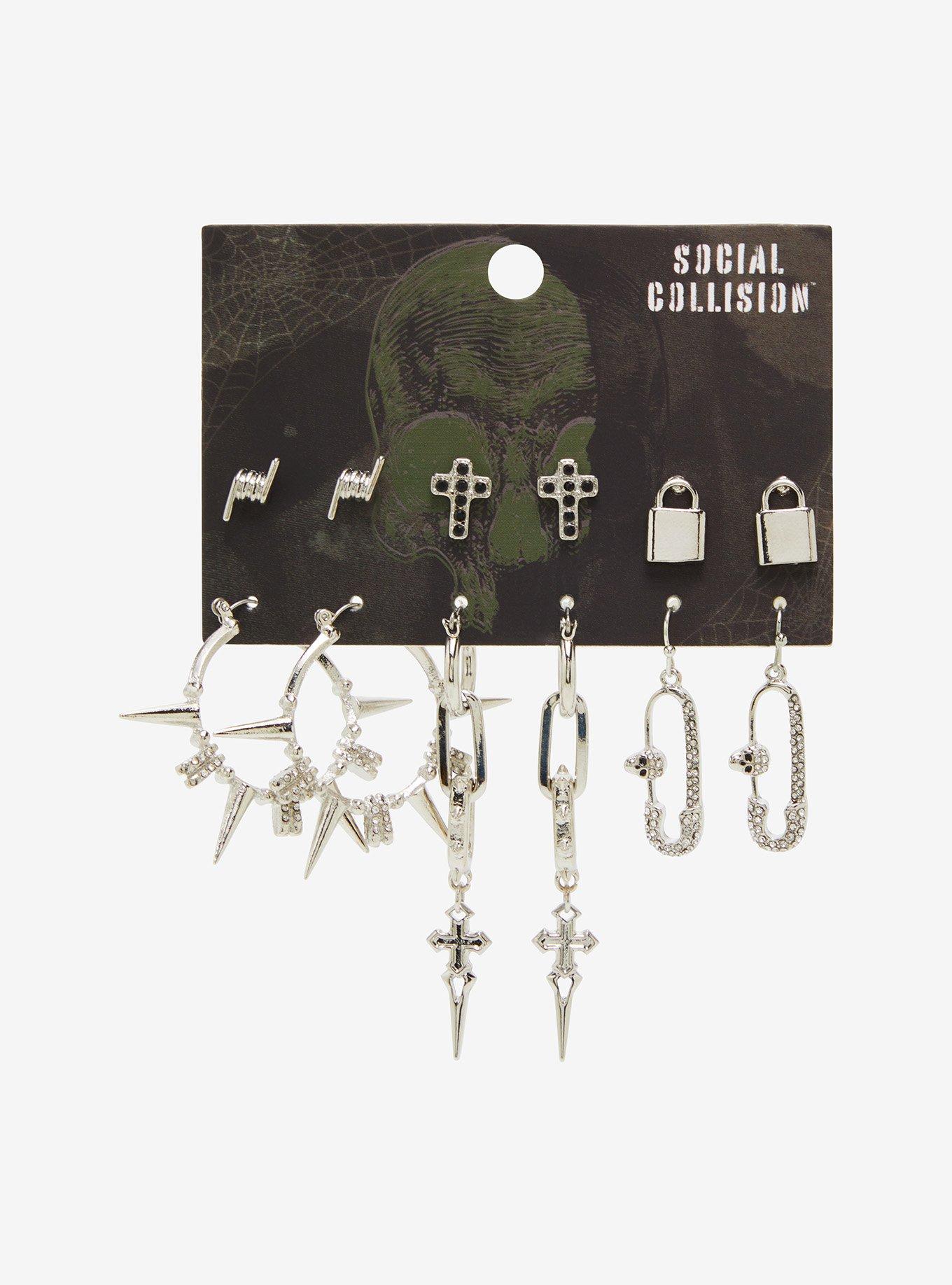 Social Collision Chain Spike Lock Earring Set | Hot Topic
