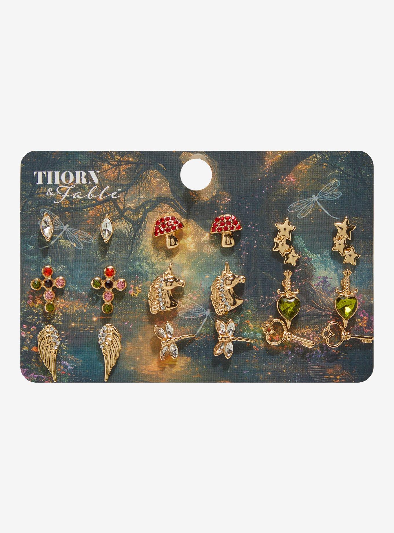 Thorn & Fable Unicorn Mushroom Dragonfly Earring Set, , hi-res