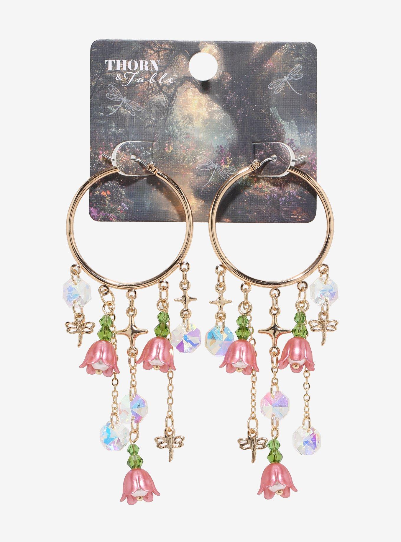 Thorn & Fable Flower Dragonfly Drop Hoop Earrings, , hi-res