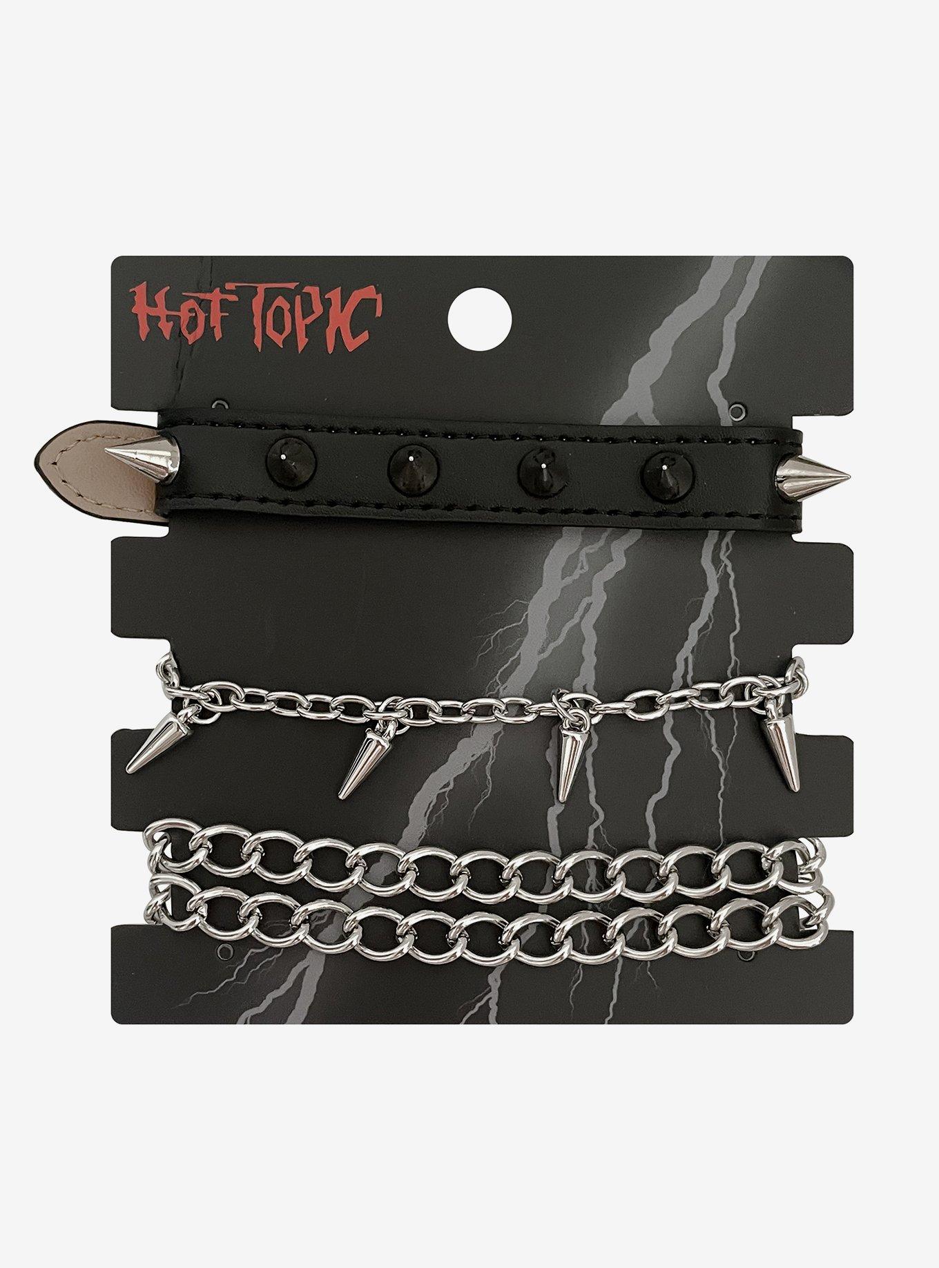 Black & Silver Spike Faux Leather Chain Bracelet Set, , hi-res