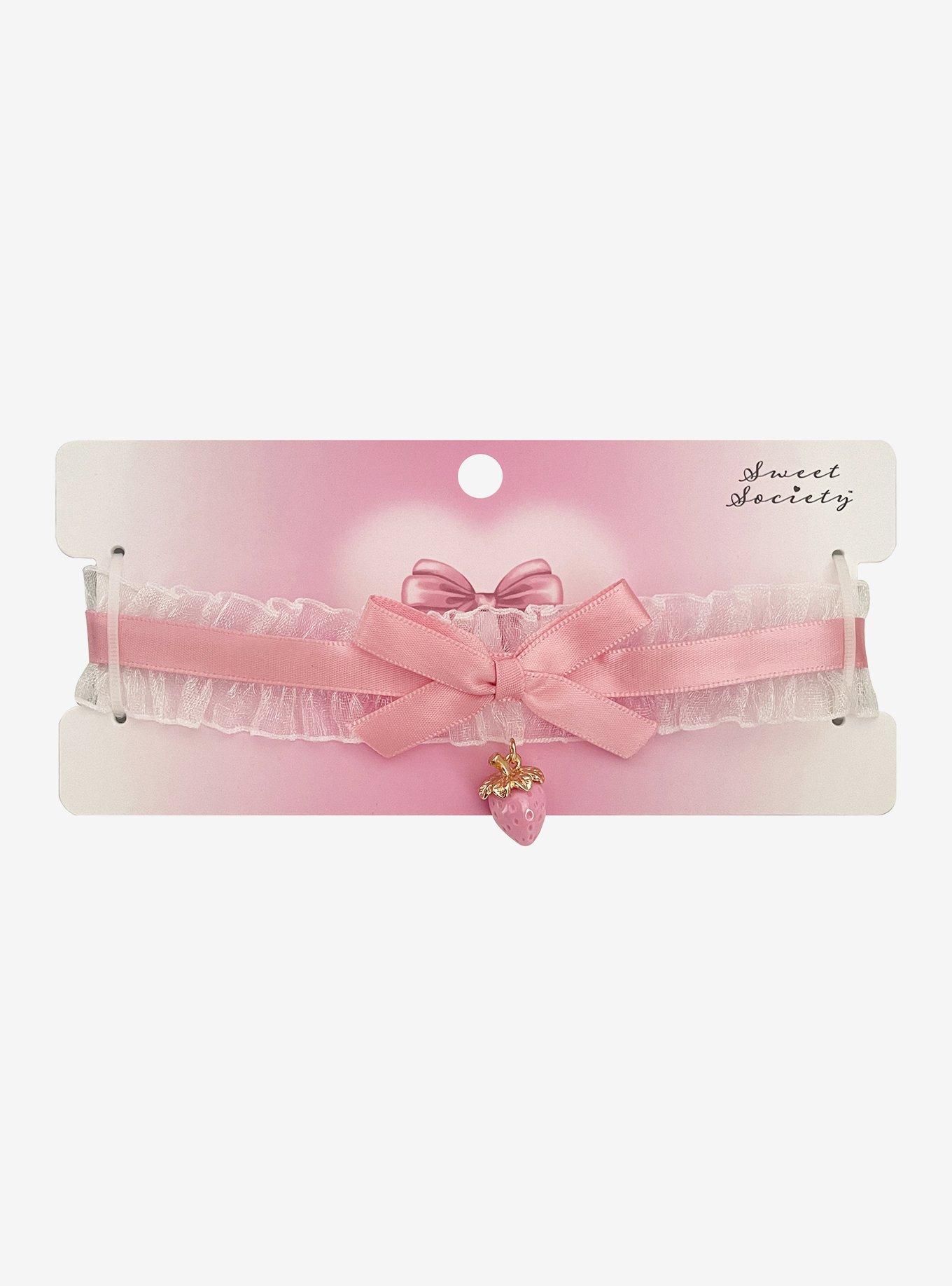 Sweet Society Pink Strawberry Ruffle Ribbon Choker, , hi-res