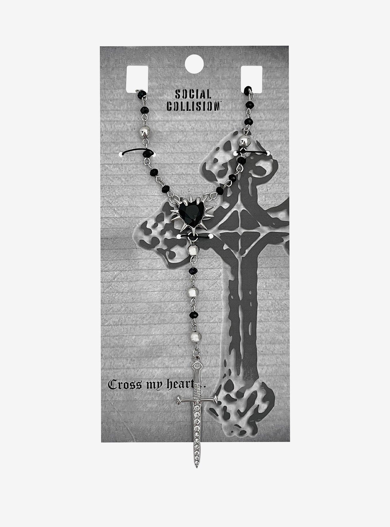 Social Collision Spike Heart Dagger Rosary Necklace, , hi-res