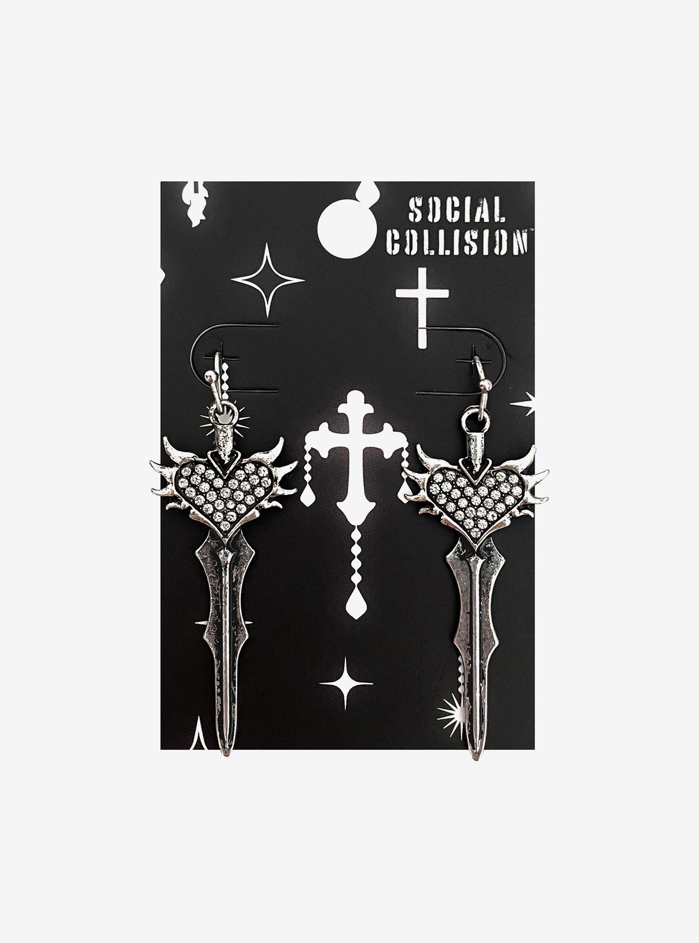 Social Collision Heart Sword Earrings, , hi-res