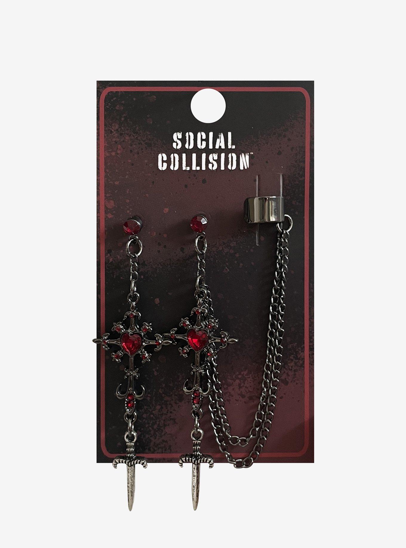 Social Collision Gothic Cross Dagger Cuff Earrings, , hi-res