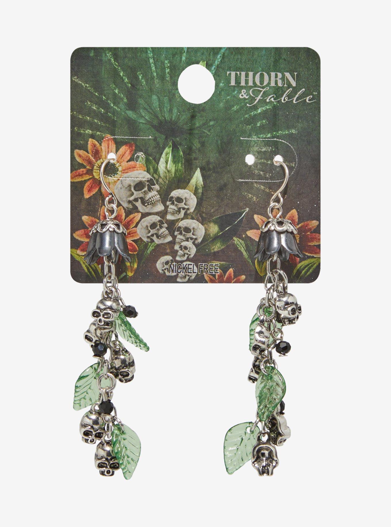 Thorn & Fable Skull Flower Drop Earrings, , hi-res