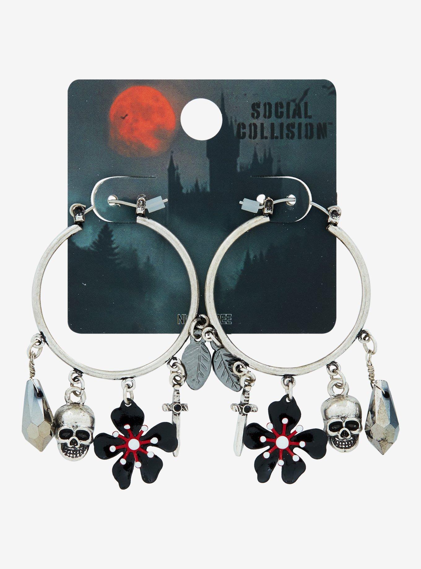 Social Collision Skull & Sword Charm Hoop Earrings, , hi-res