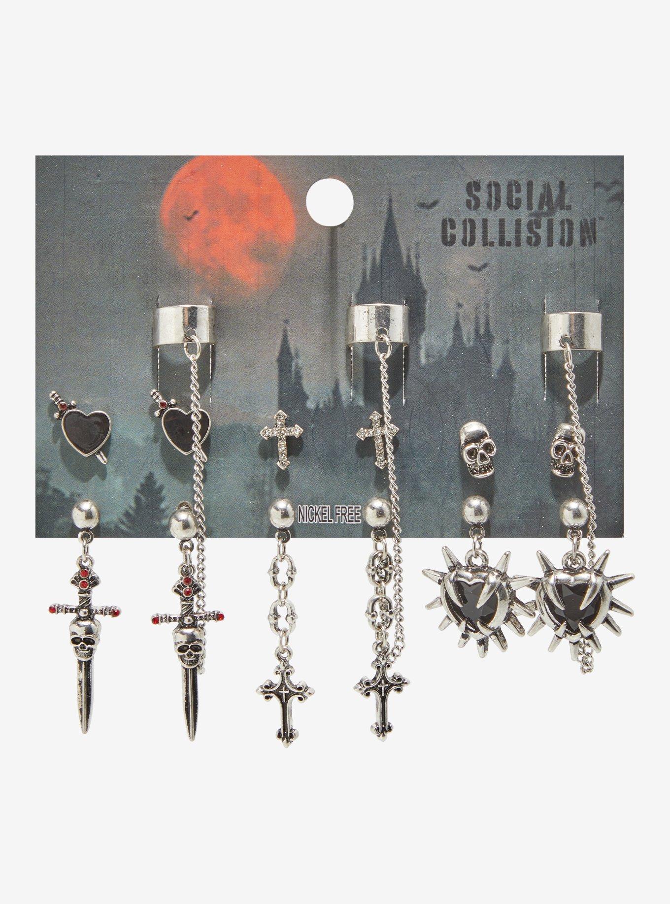 Social Collision Dagger Spike Heart Cuff Earring Set, , hi-res