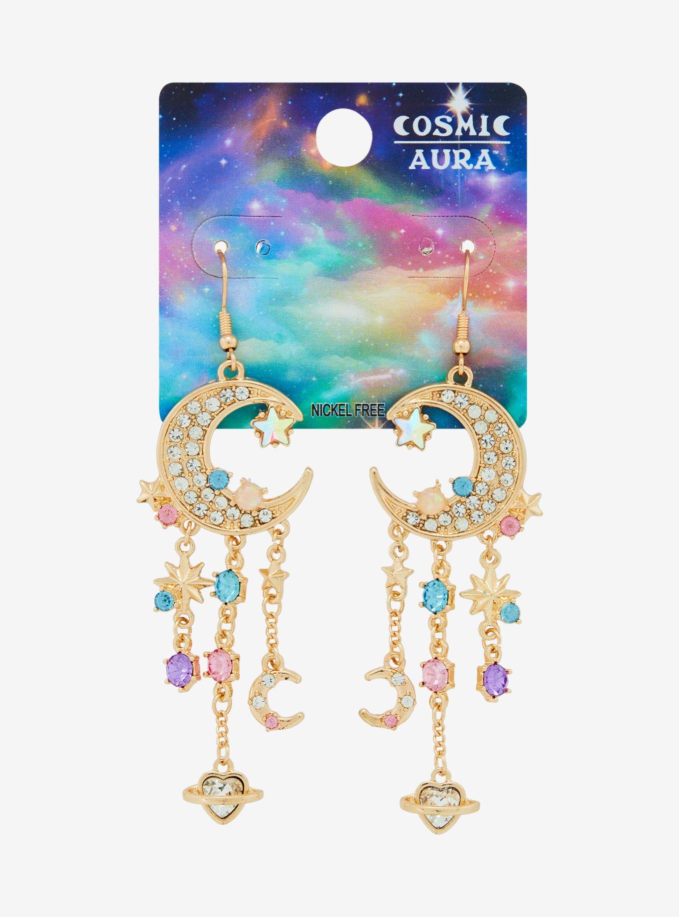 Cosmic Aura Jeweled Crescent Moon Chandelier Earrings, , hi-res