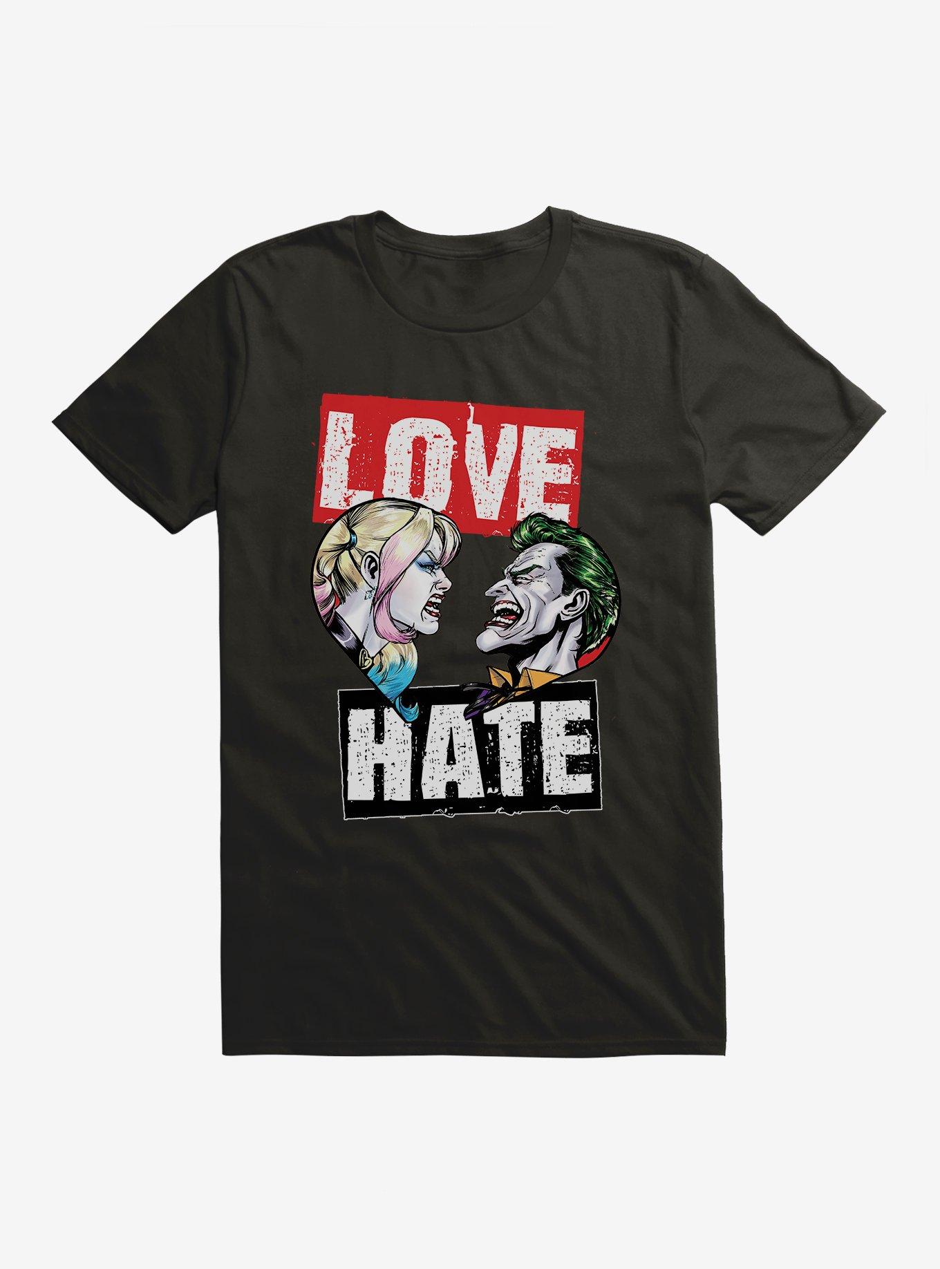 DC Comics Batman Harley Quinn The Joker Love Hate Black T-Shirt, BLACK, hi-res