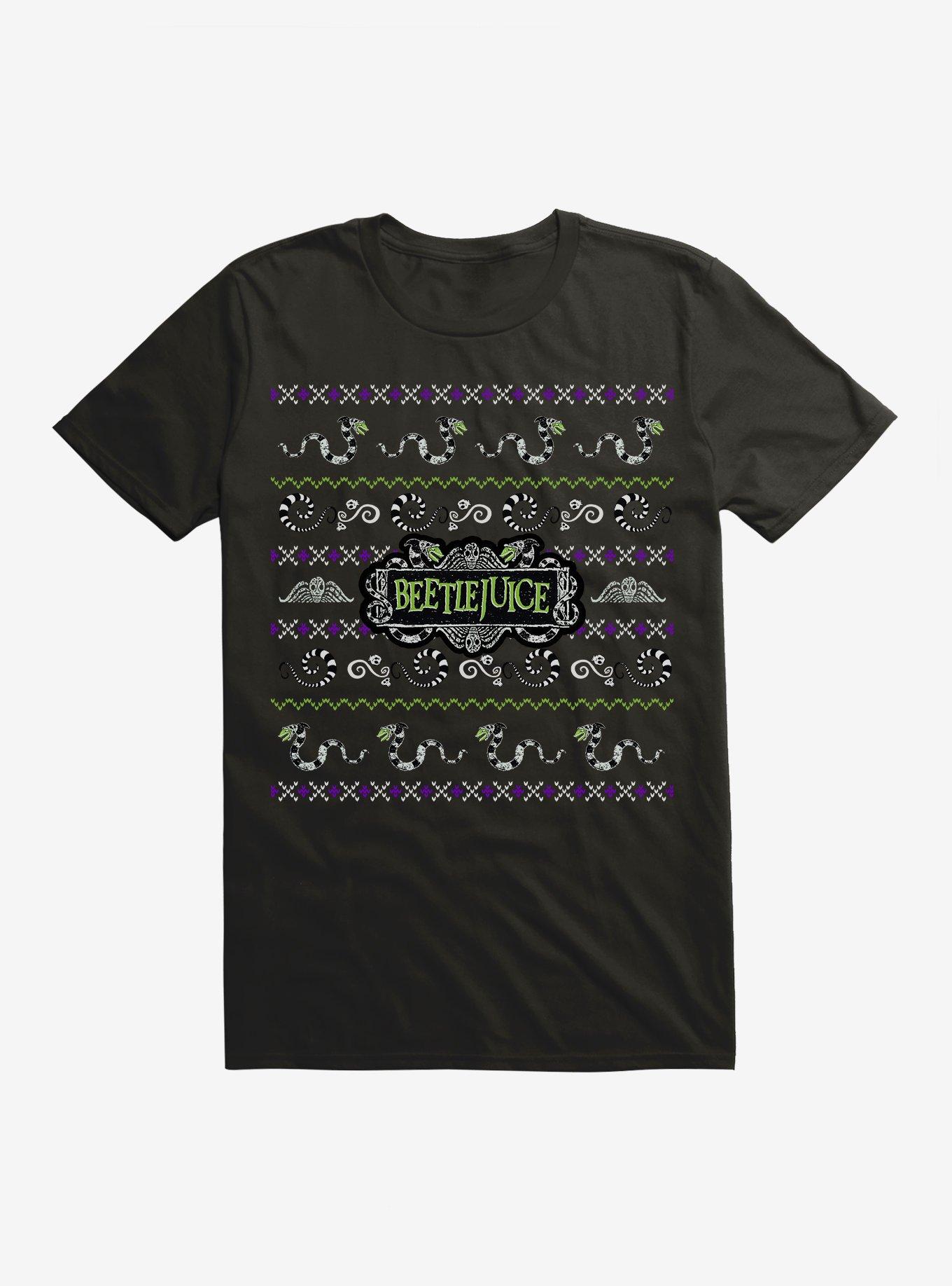 Beetlejuice Ugly Christmas Sweater Pattern T-Shirt, BLACK, hi-res