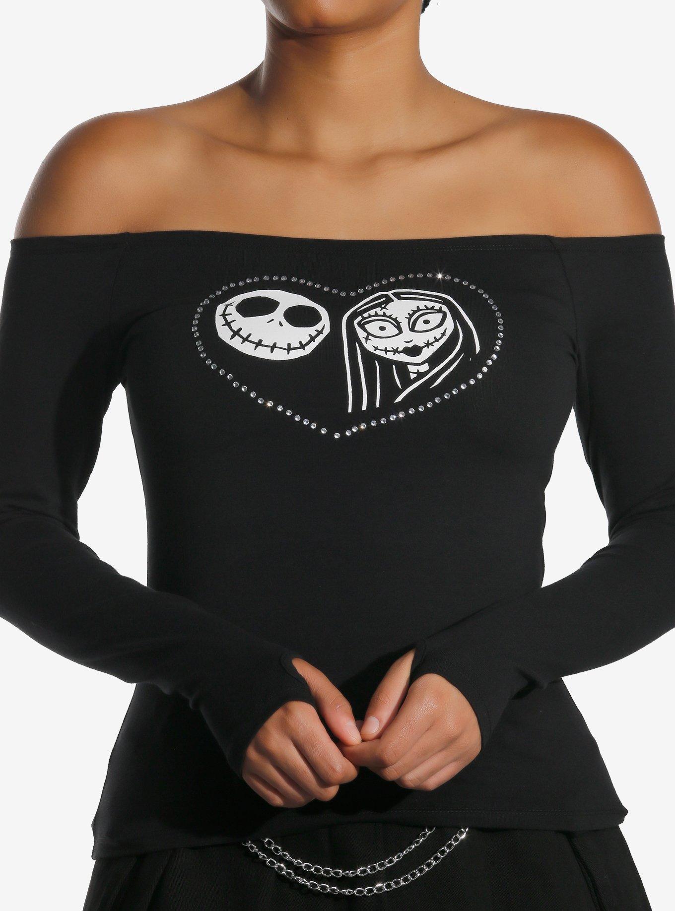 Her Universe The Nightmare Before Christmas Jack & Sally Rhinestone Heart Off-Shoulder Long-Sleeve Top, , hi-res