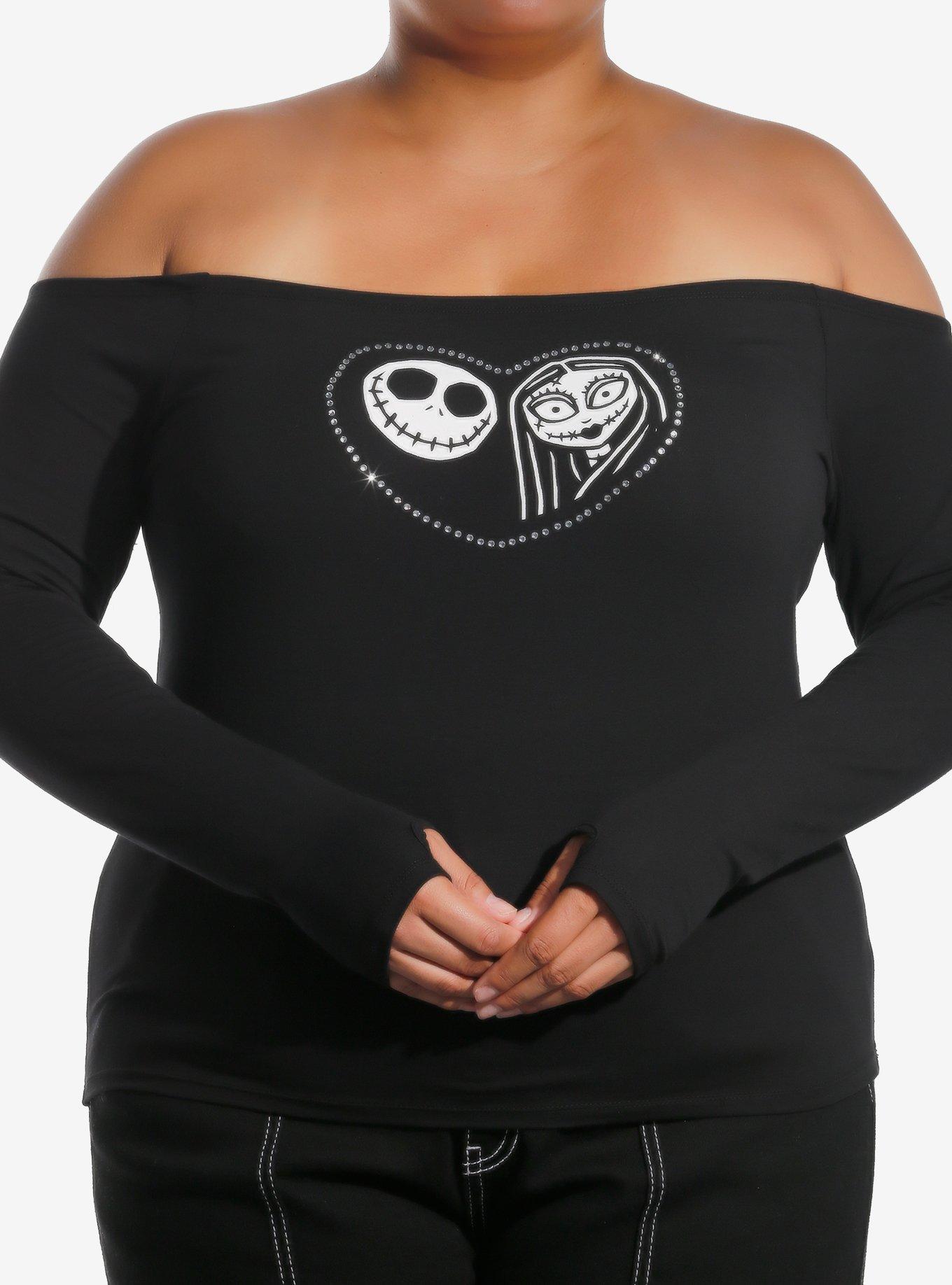 Her Universe The Nightmare Before Christmas Jack & Sally Rhinestone Heart Off-Shoulder Long-Sleeve Top Plus Size, BLACK, hi-res