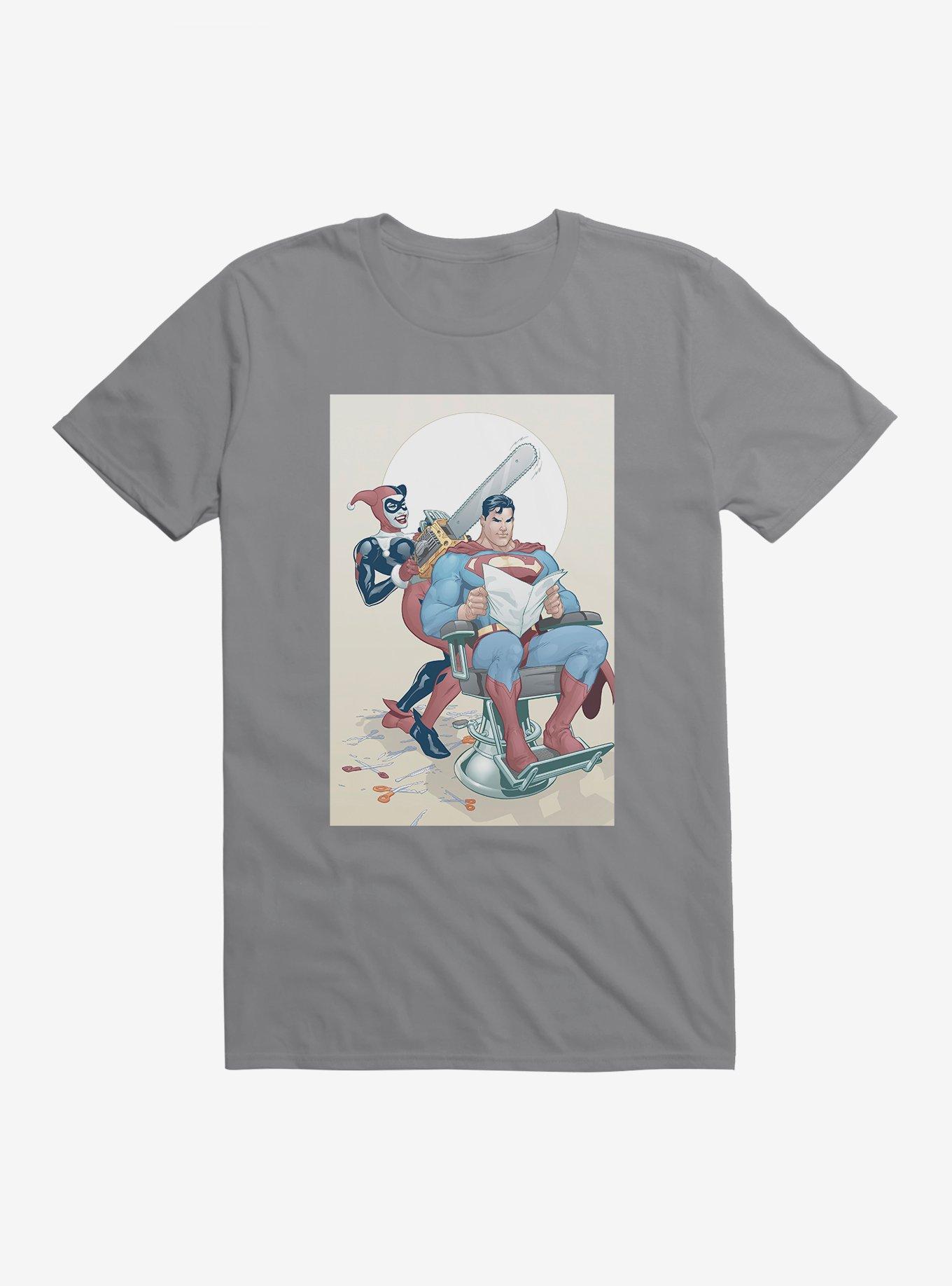 Batman Harley Quinn Gives Superman A Haircut T-Shirt, STORM GREY, hi-res