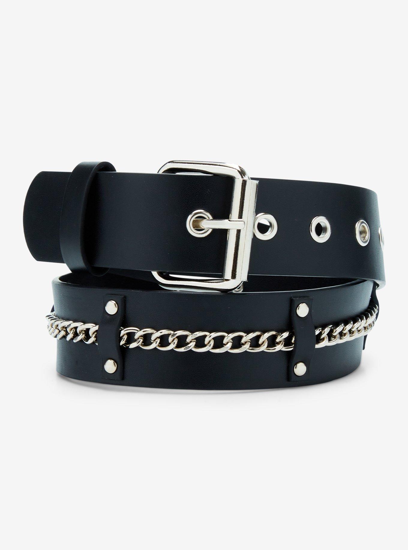 Black Faux Leather Silver Chain Stud Belt, , hi-res