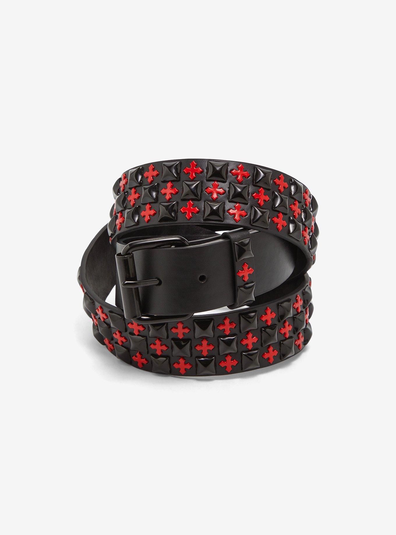 Black & Red Cross Pyramid Stud Belt, , hi-res