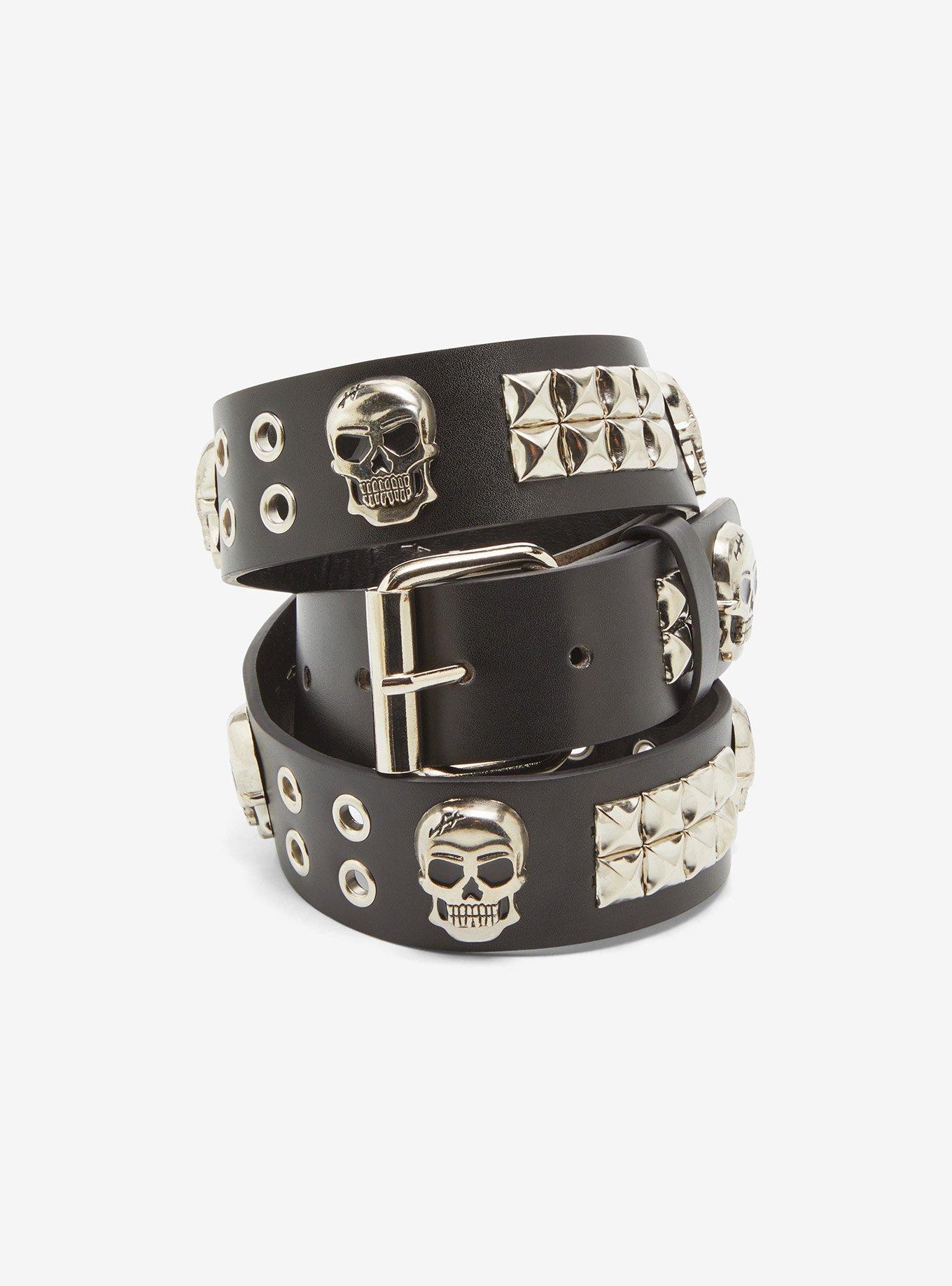 Black Pyramid Skull Grommet Belt, , hi-res