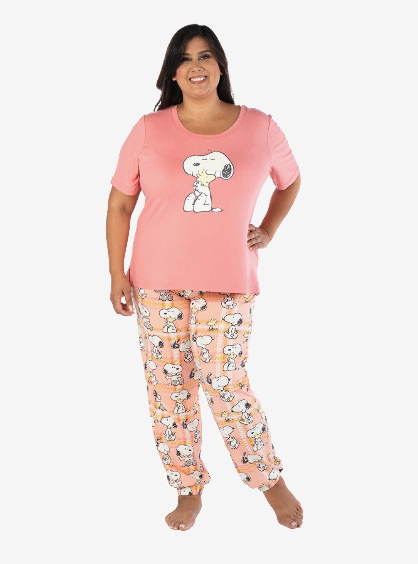 Snoopy Plaid Hugs Pajama Set Plus Size, CORAL, hi-res