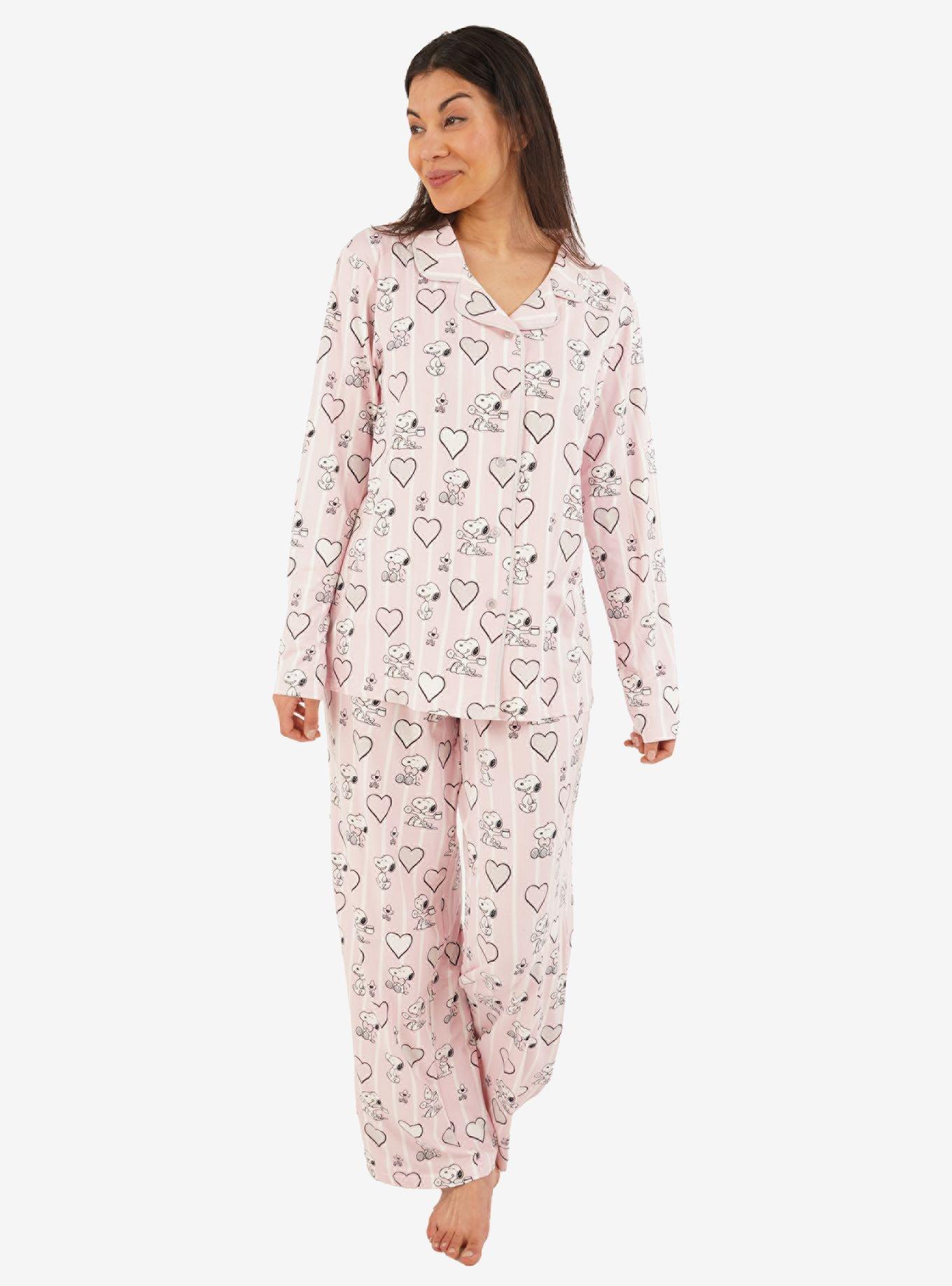 Snoopy Classic Pinstripe Hearts Notch Collar Pajama Set, PINK STRIPE, hi-res