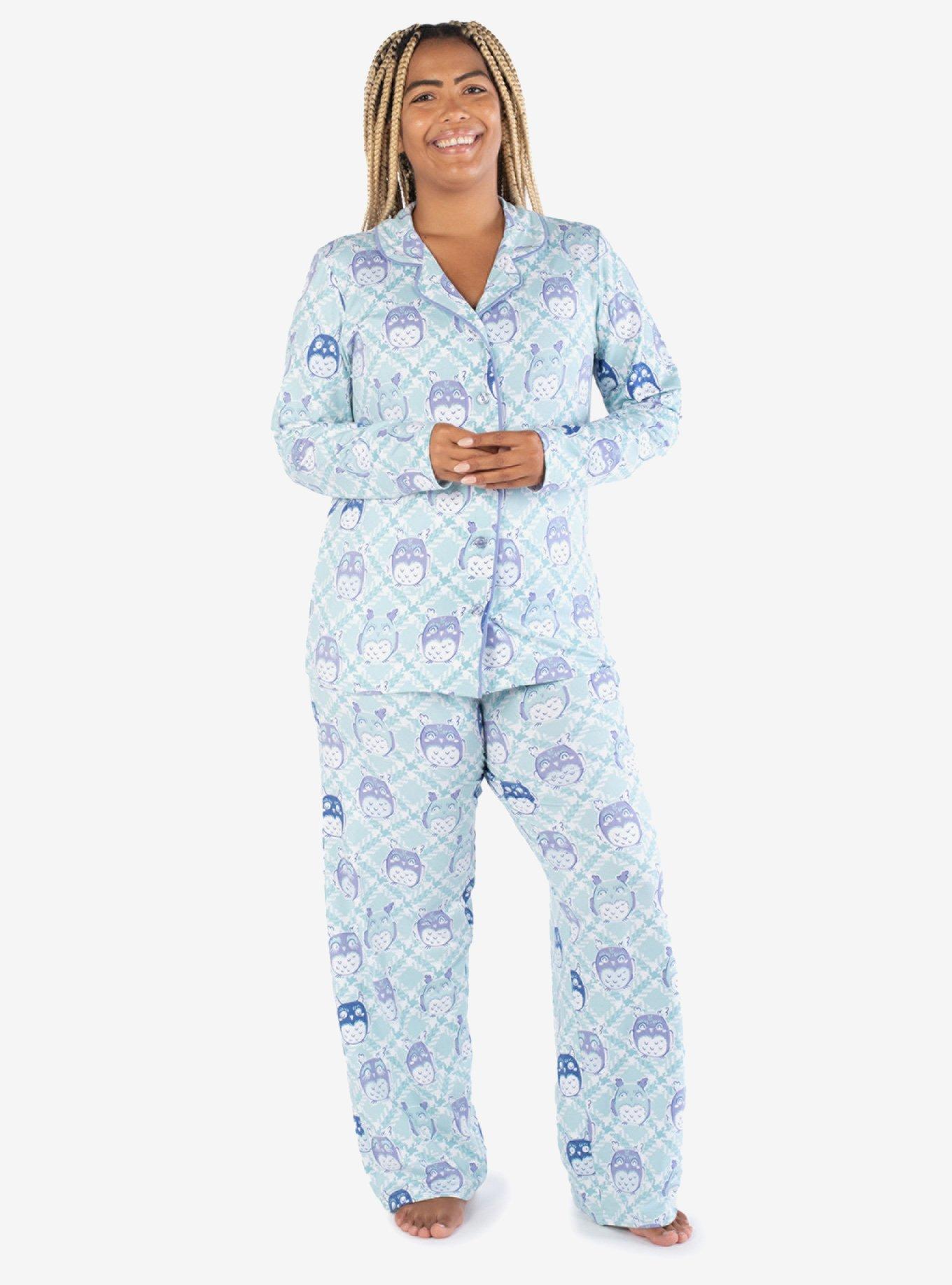 Plaid Owl Party Notch Collar Pajama Set, AQUA, hi-res