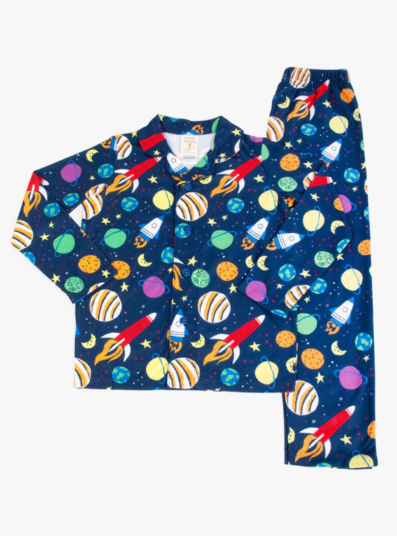 Space Ship Long Sleeve Notch Collar Youth Pajama Set, NAVY, hi-res