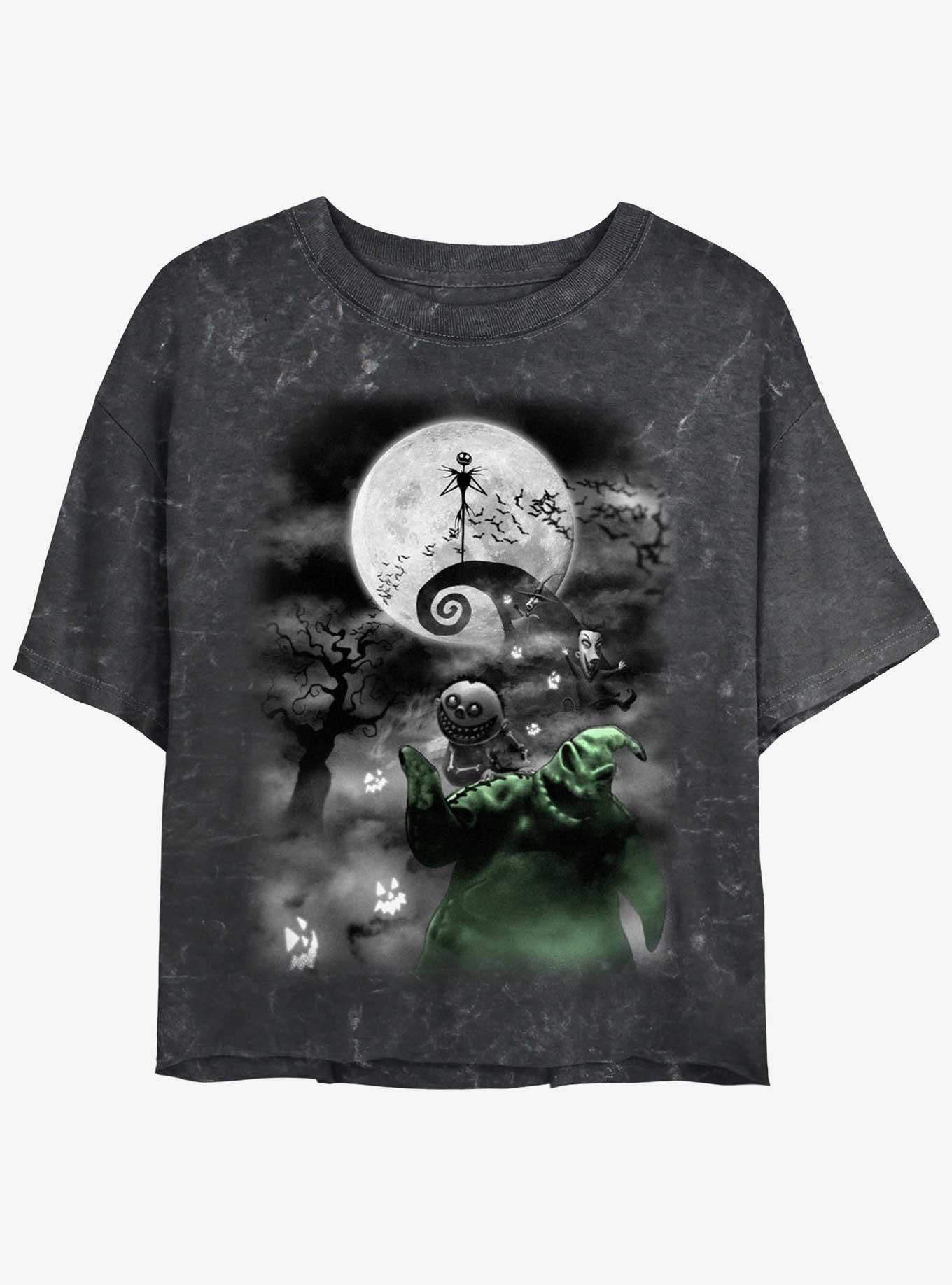 The Nightmare Before Christmas Jack Night Sky Moon Girls Mineral Wash Crop T-Shirt, BLACK, hi-res