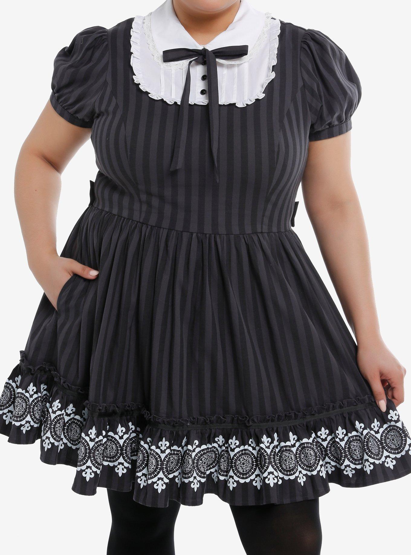 Black Butler Stripe Collared Dress Plus Size, , hi-res