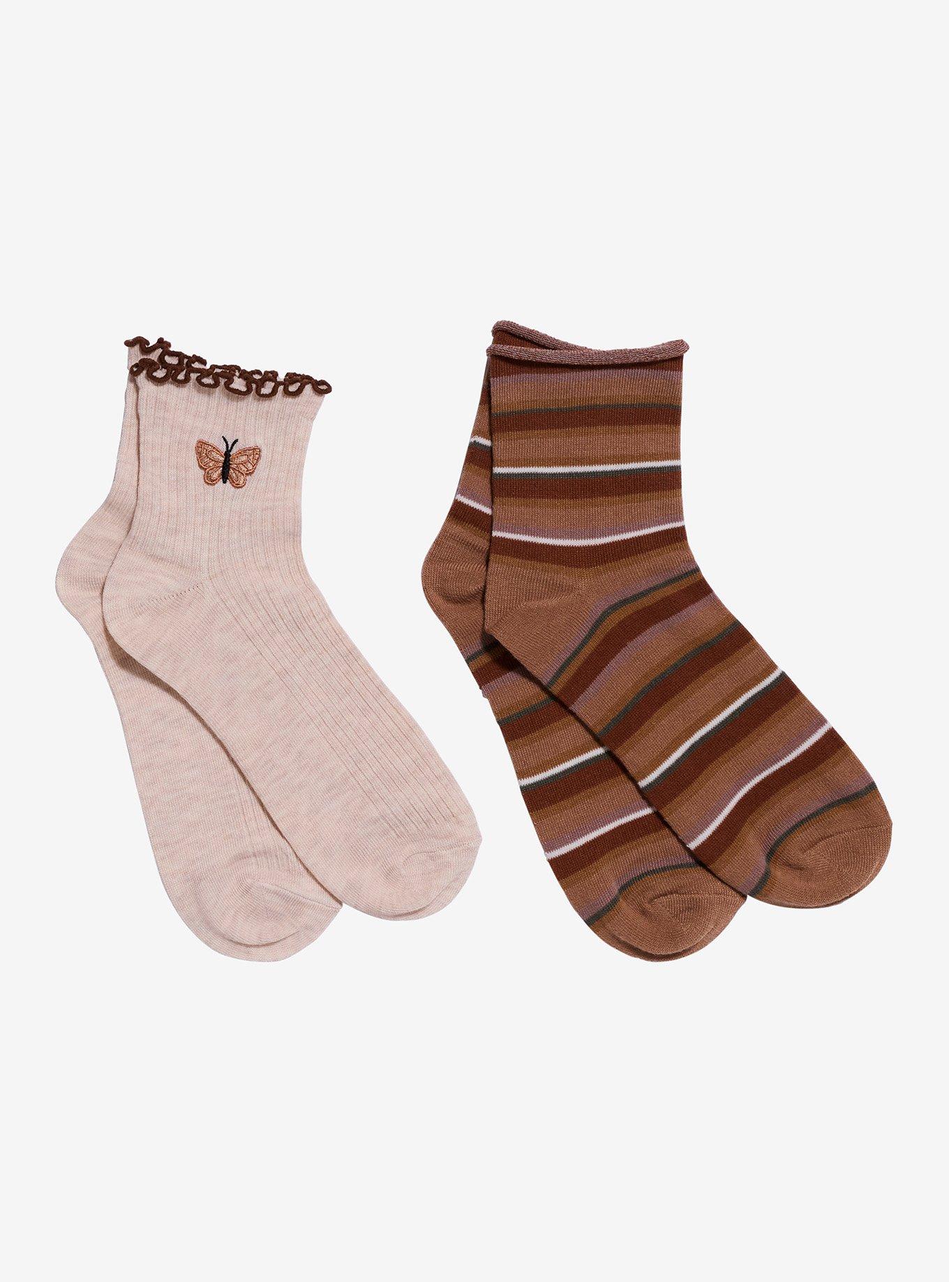 Brown Butterfly Stripe Ankle Socks 2 Pair, , hi-res