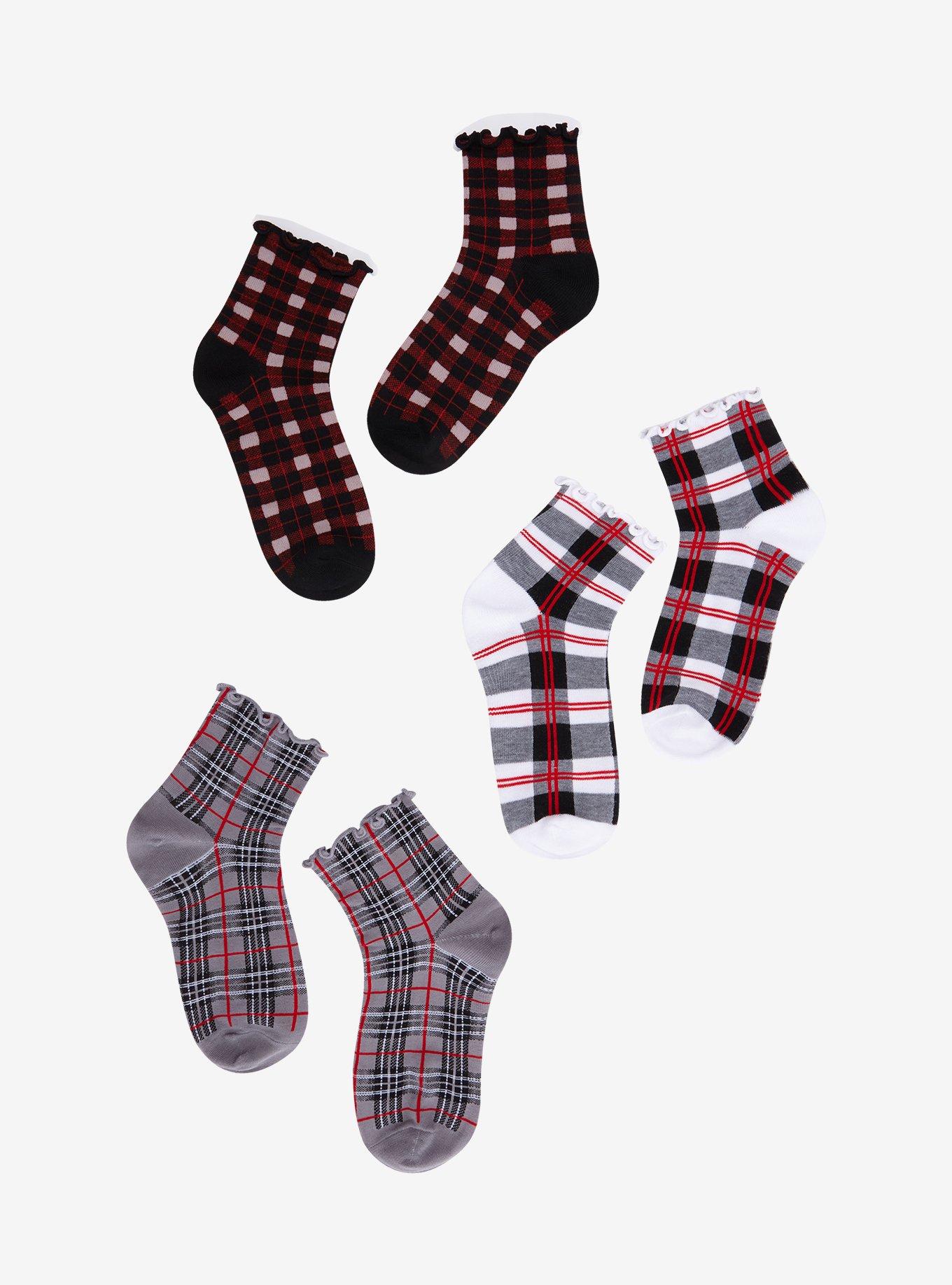 Red & Black Plaid Ankle Socks 3 Pair, , hi-res