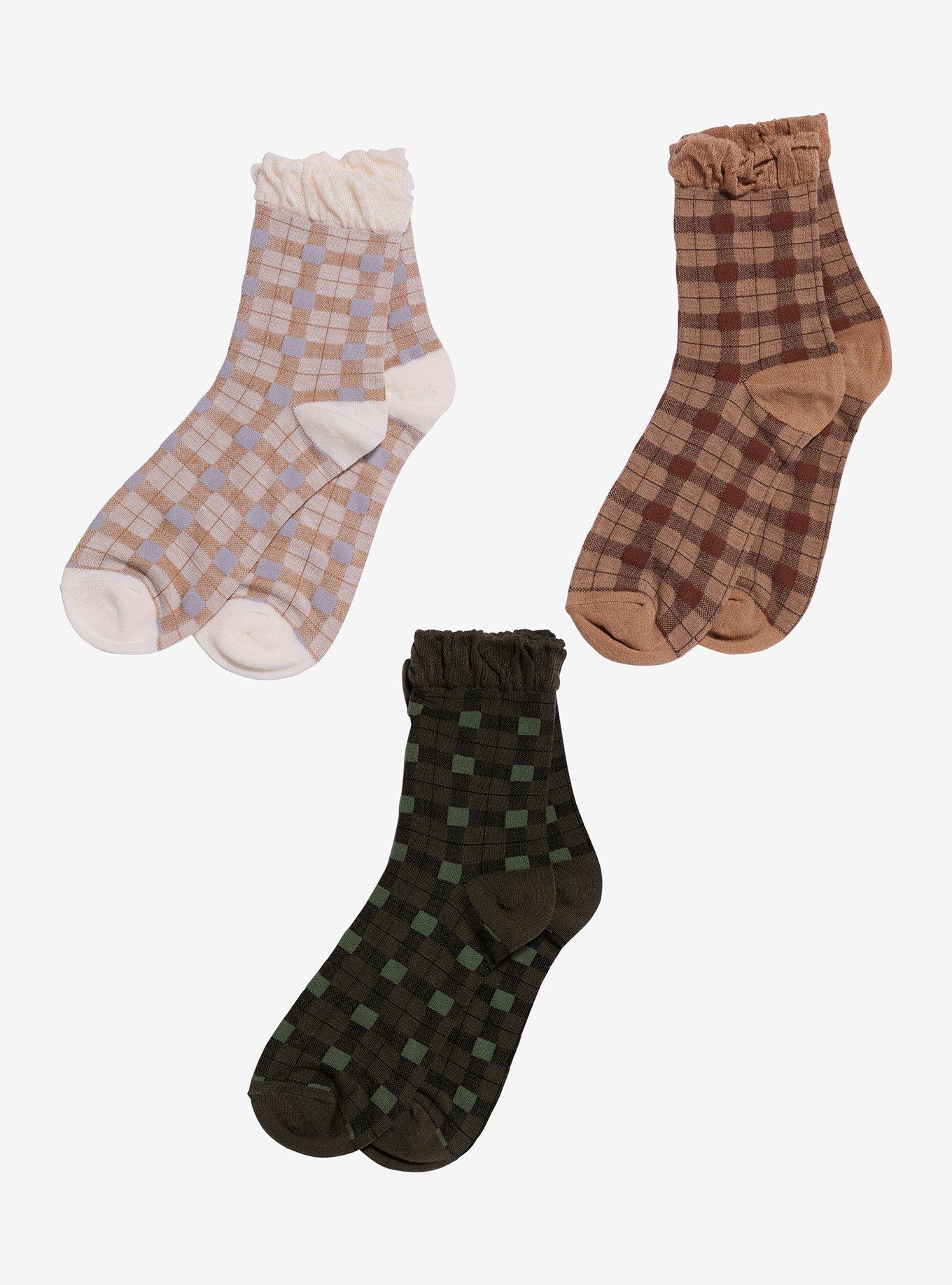 Earth Tone Plaid Ruffle Ankle Socks 3 Pair, , hi-res