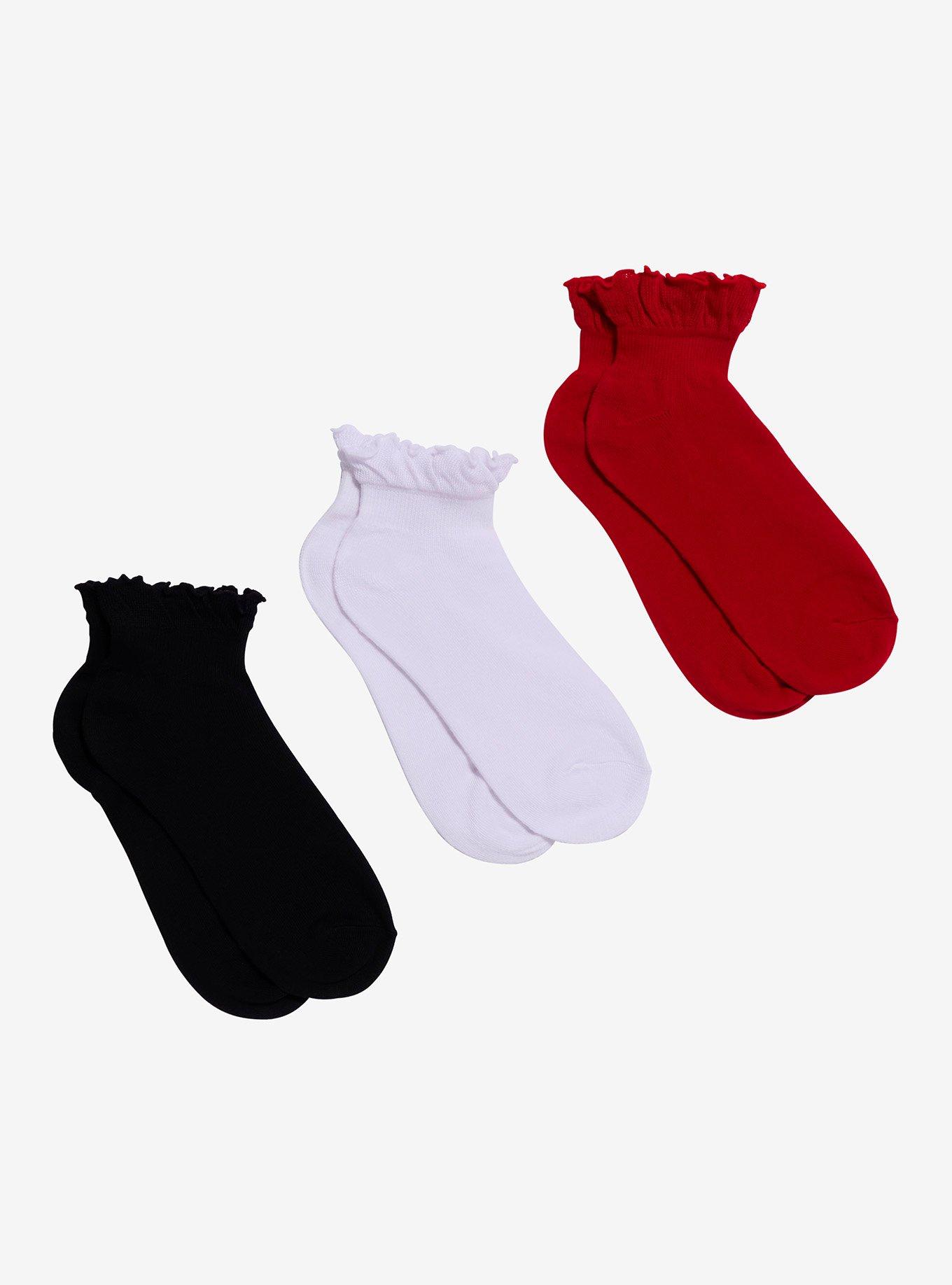 Red White Black Ruffle Ankle Socks 3 Pair, , hi-res
