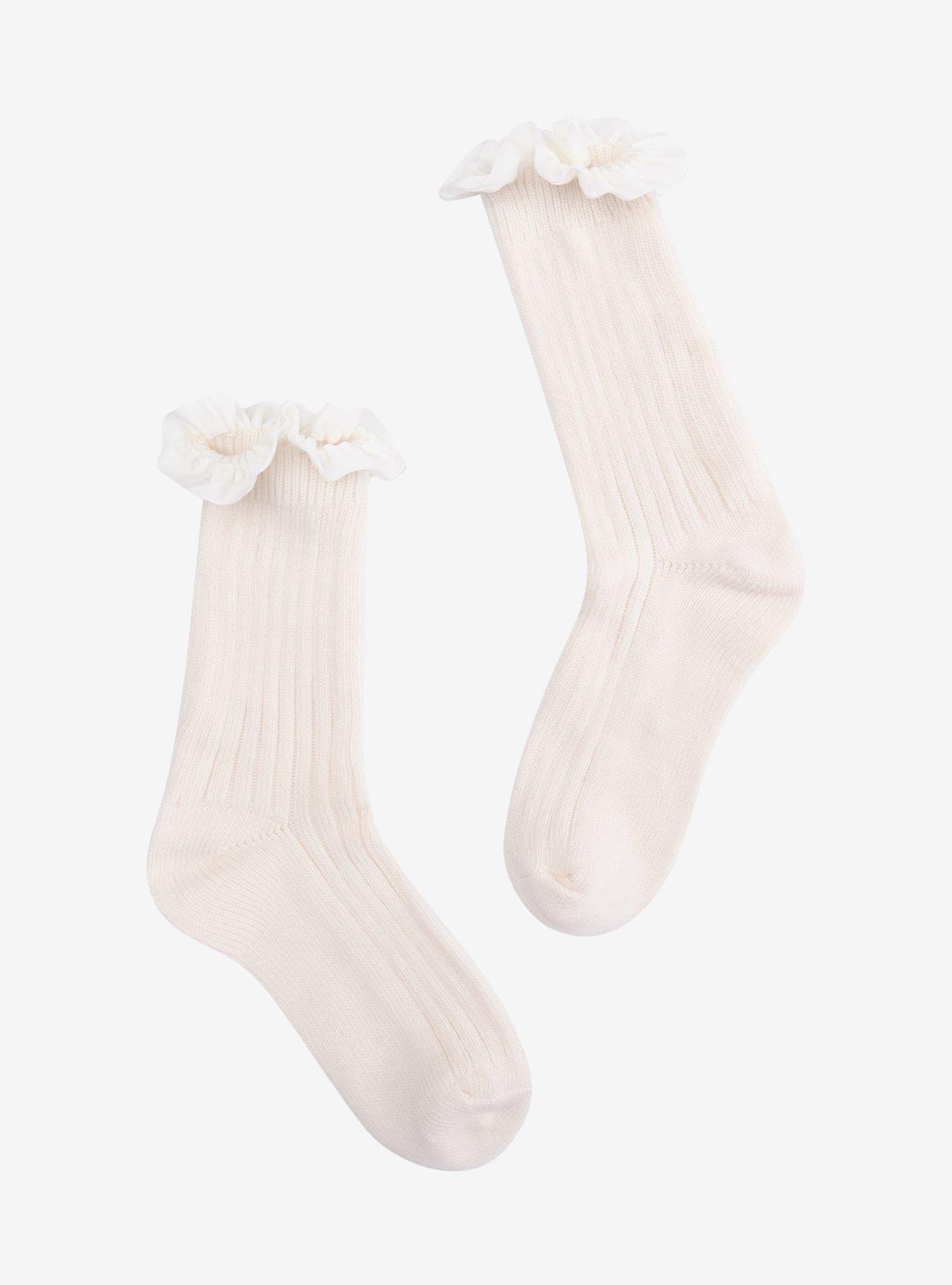 Cream Ribbed Ruffle Crew Socks, , hi-res