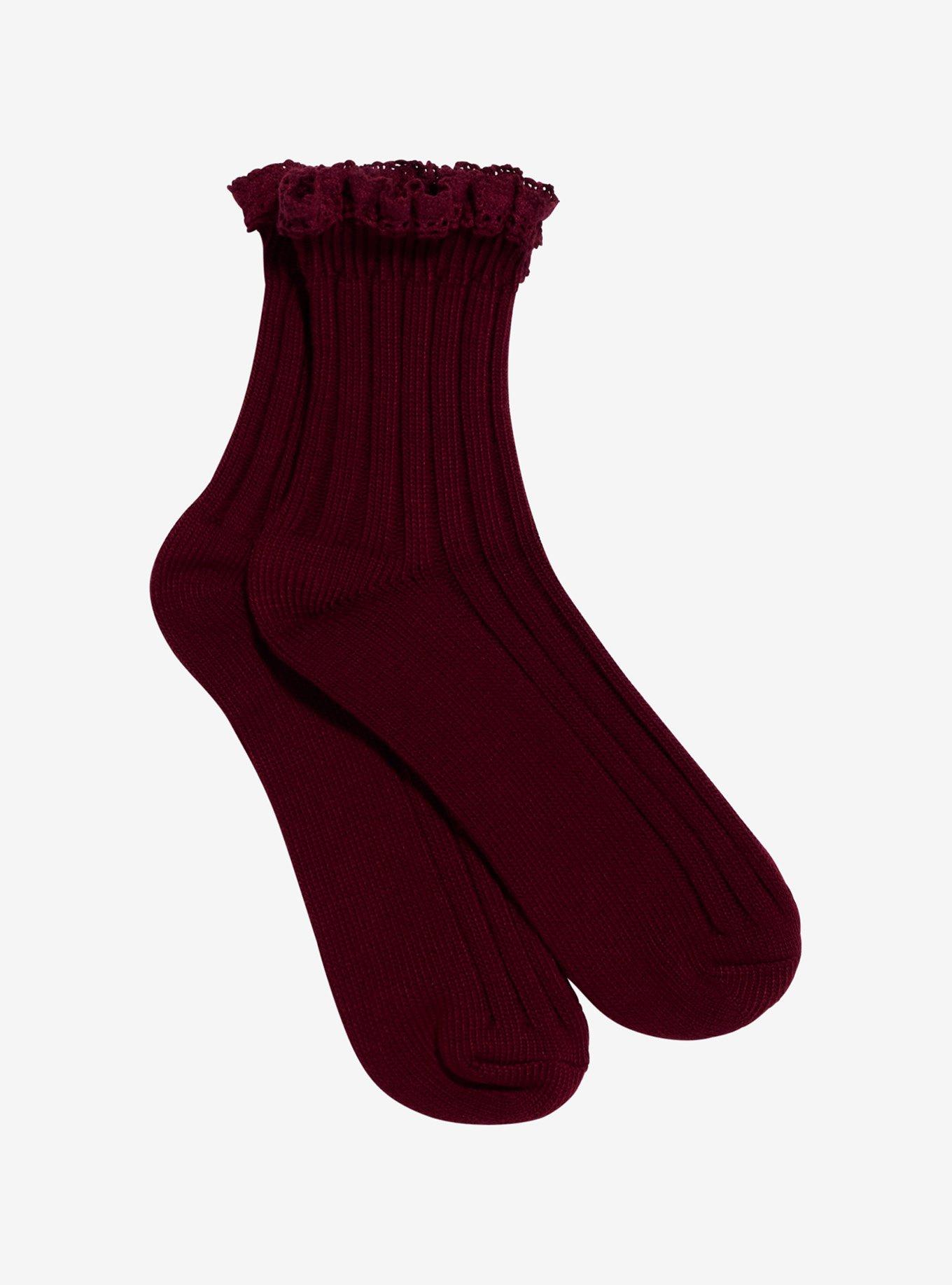 Burgundy Ribbed Lace Crew Socks, , hi-res