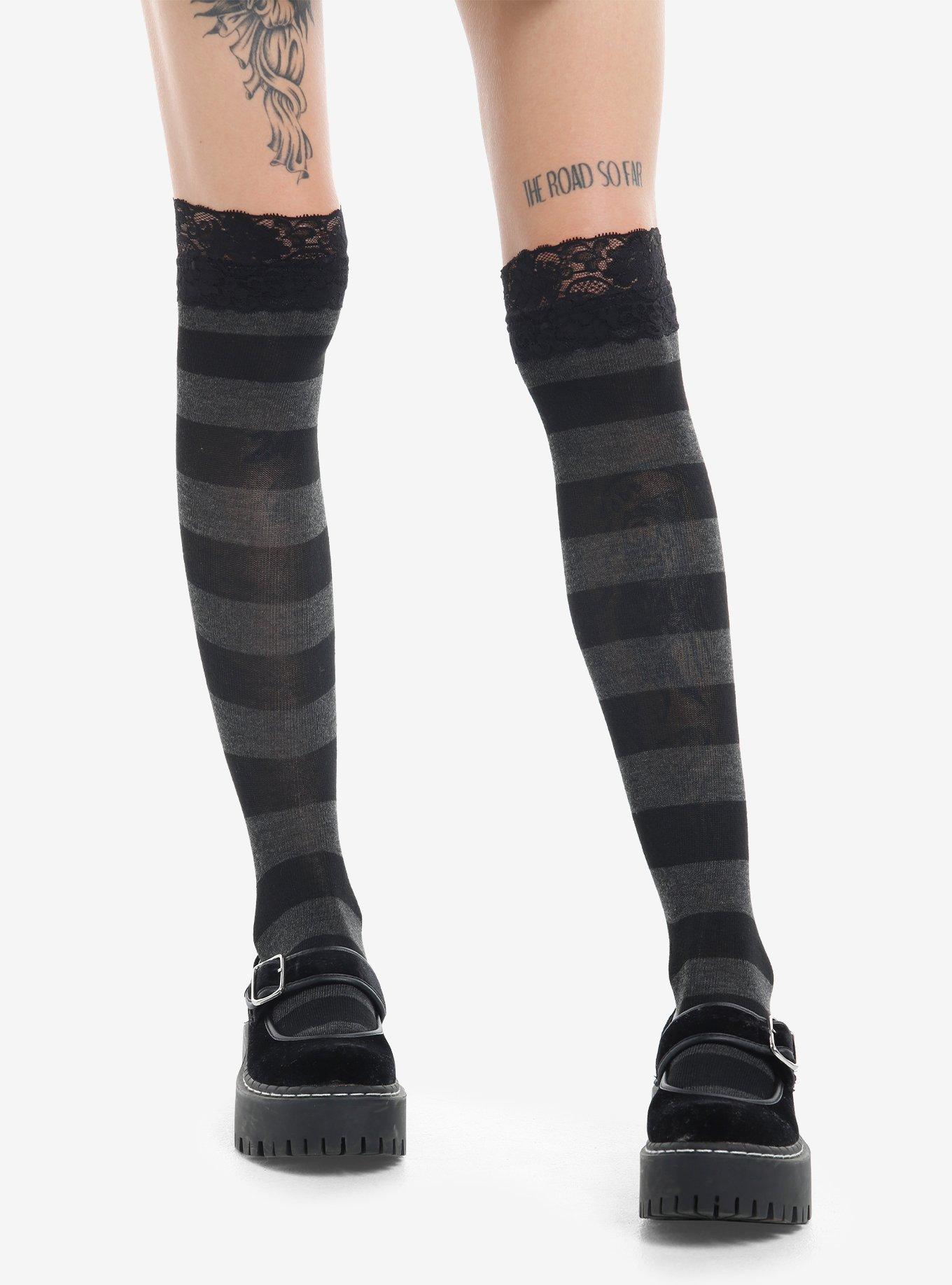 Black & Grey Stripe Knee-High Socks, , hi-res