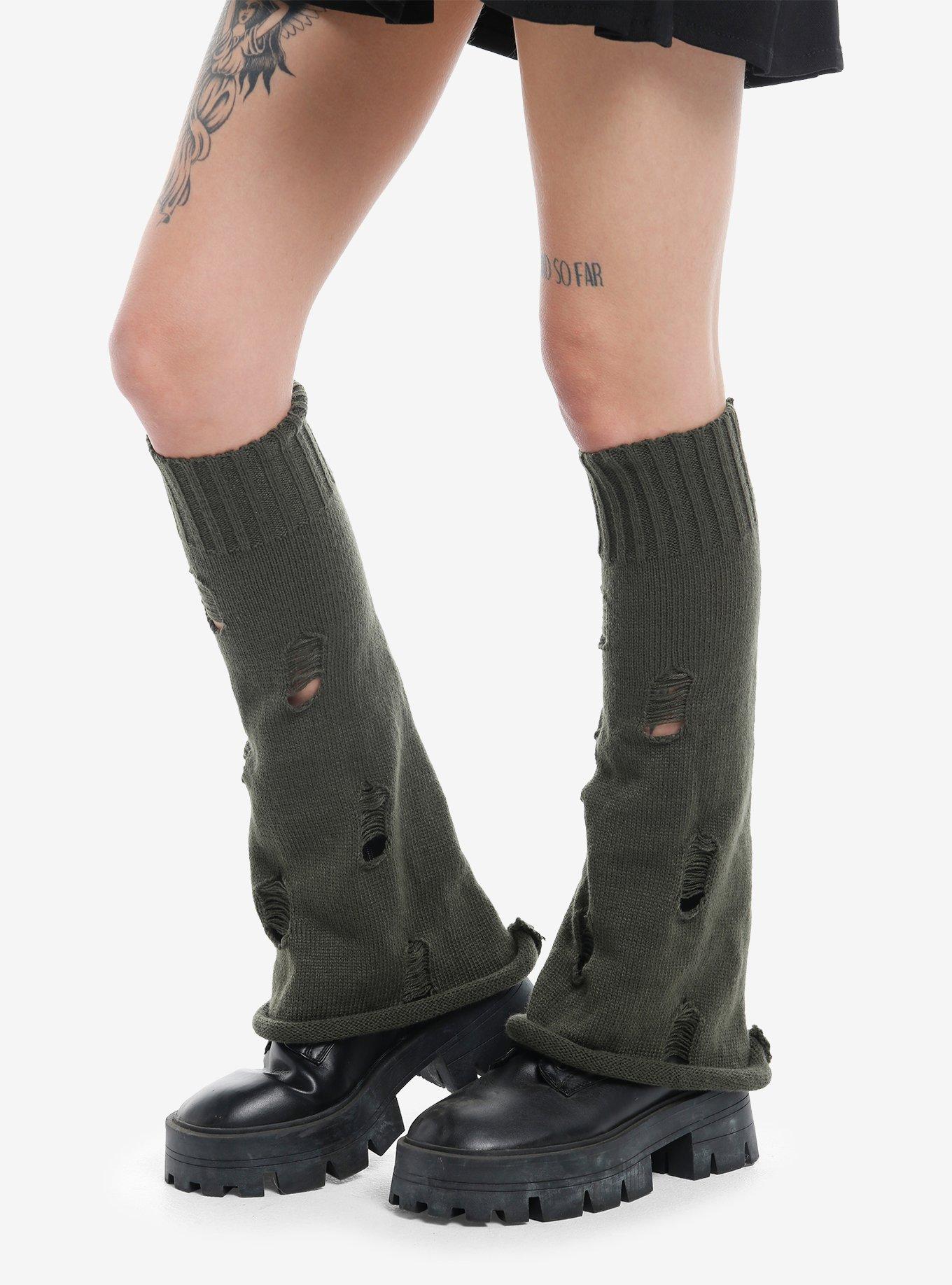 Olive Distressed Flared Leg Warmers, , hi-res