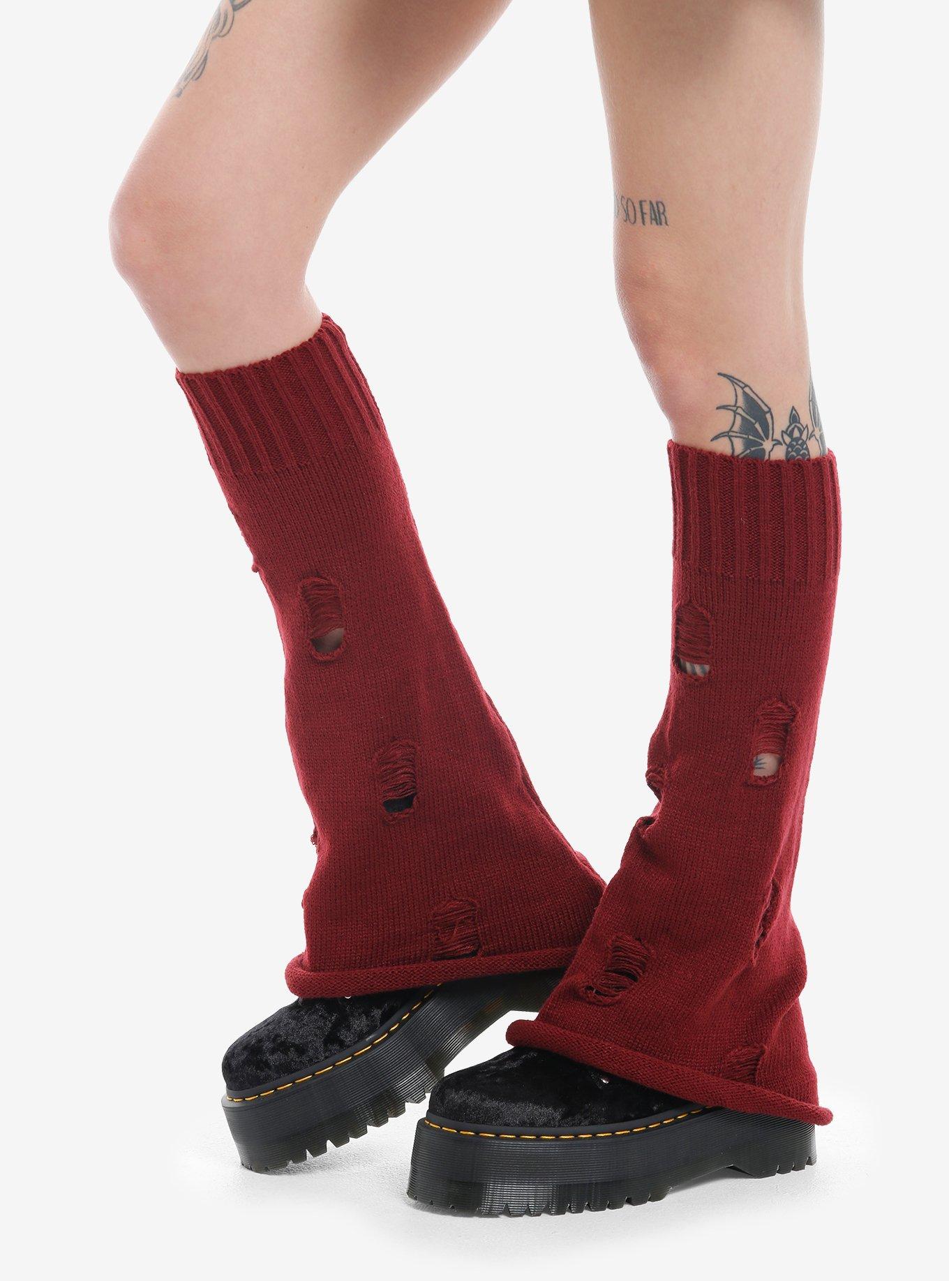 Burgundy Distressed Flared Leg Warmers, , hi-res