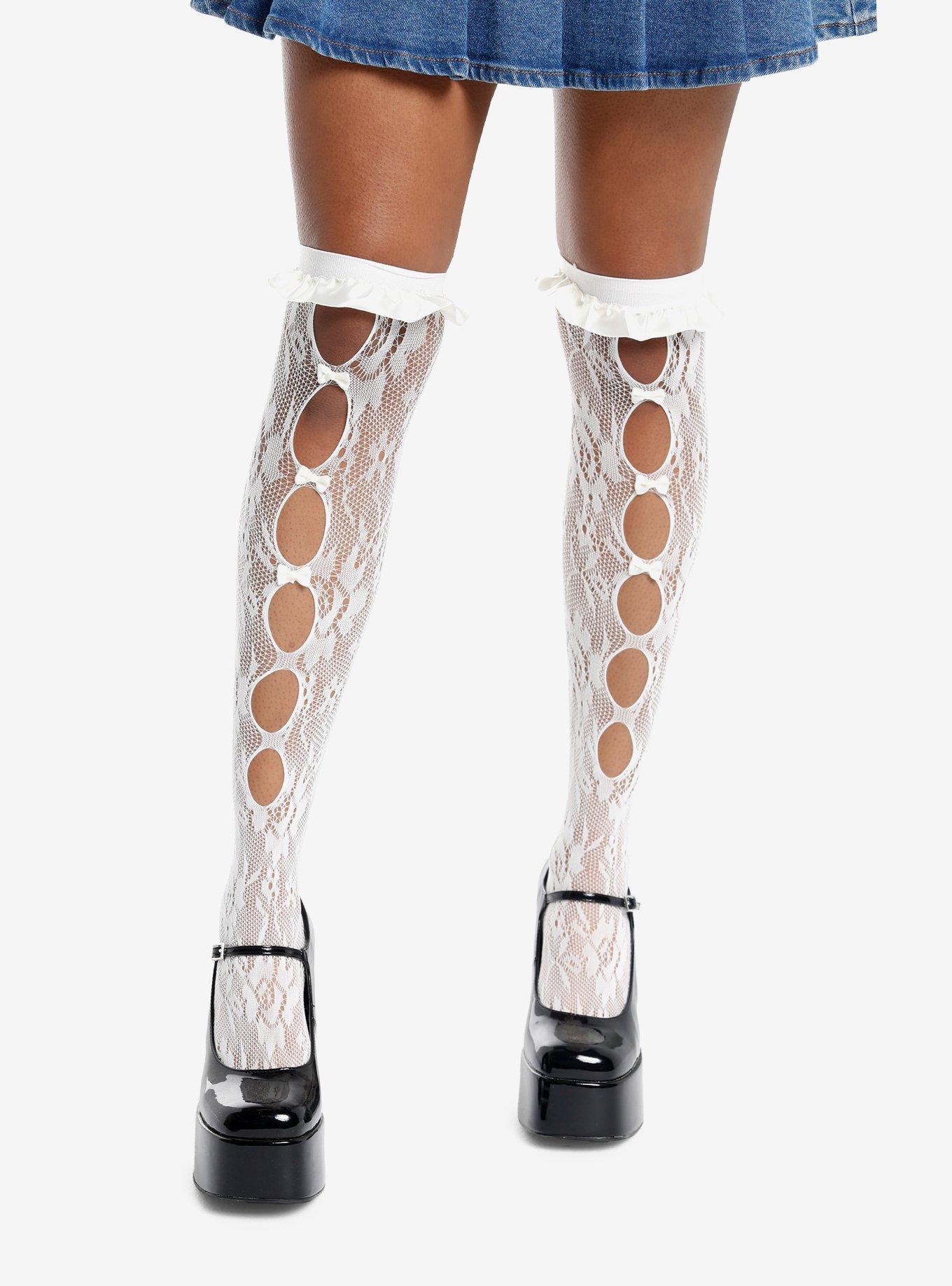 Cream Pointelle Bows Knee-High Socks, , hi-res