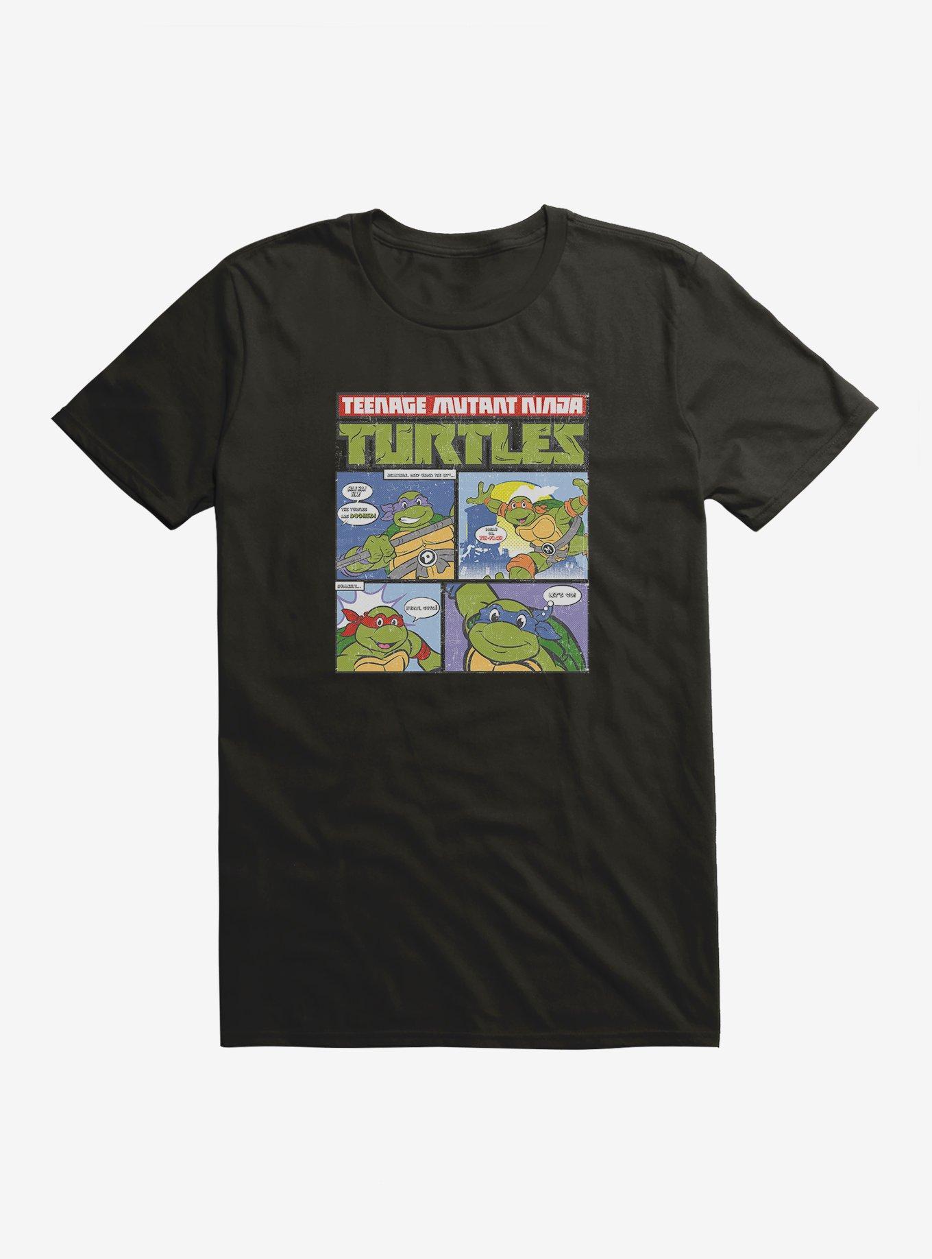 Teenage Mutant Ninja Turtles Comic Strip Group Catchphrases T-Shirt, BLACK, hi-res