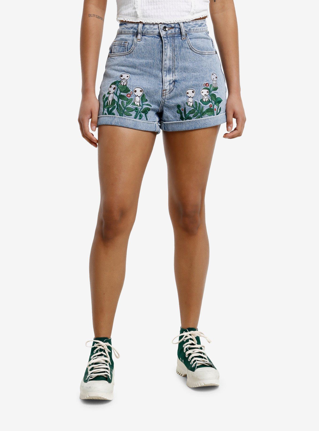 Her Universe Studio Ghibli® Princess Mononoke Kodama Embroidered Denim Mom Shorts, , hi-res