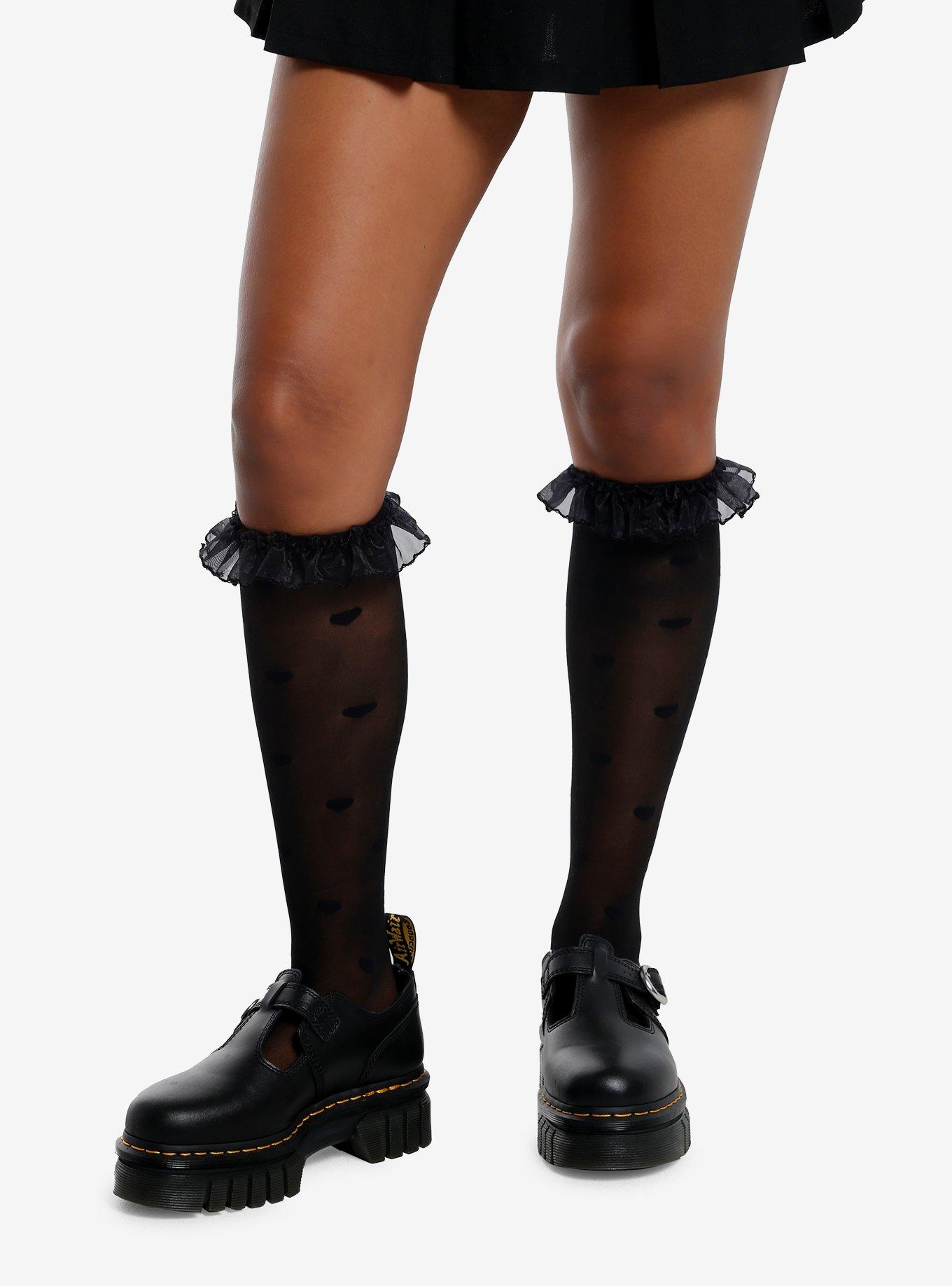 Black Heart Ruffle Knee-High Socks, , hi-res