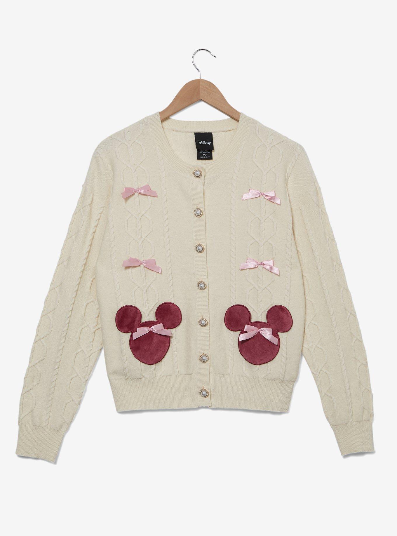 Disney Minnie Mouse Bow Heart Women's Cable Knit Cardigan - BoxLunch Exclusive, CREAM, hi-res