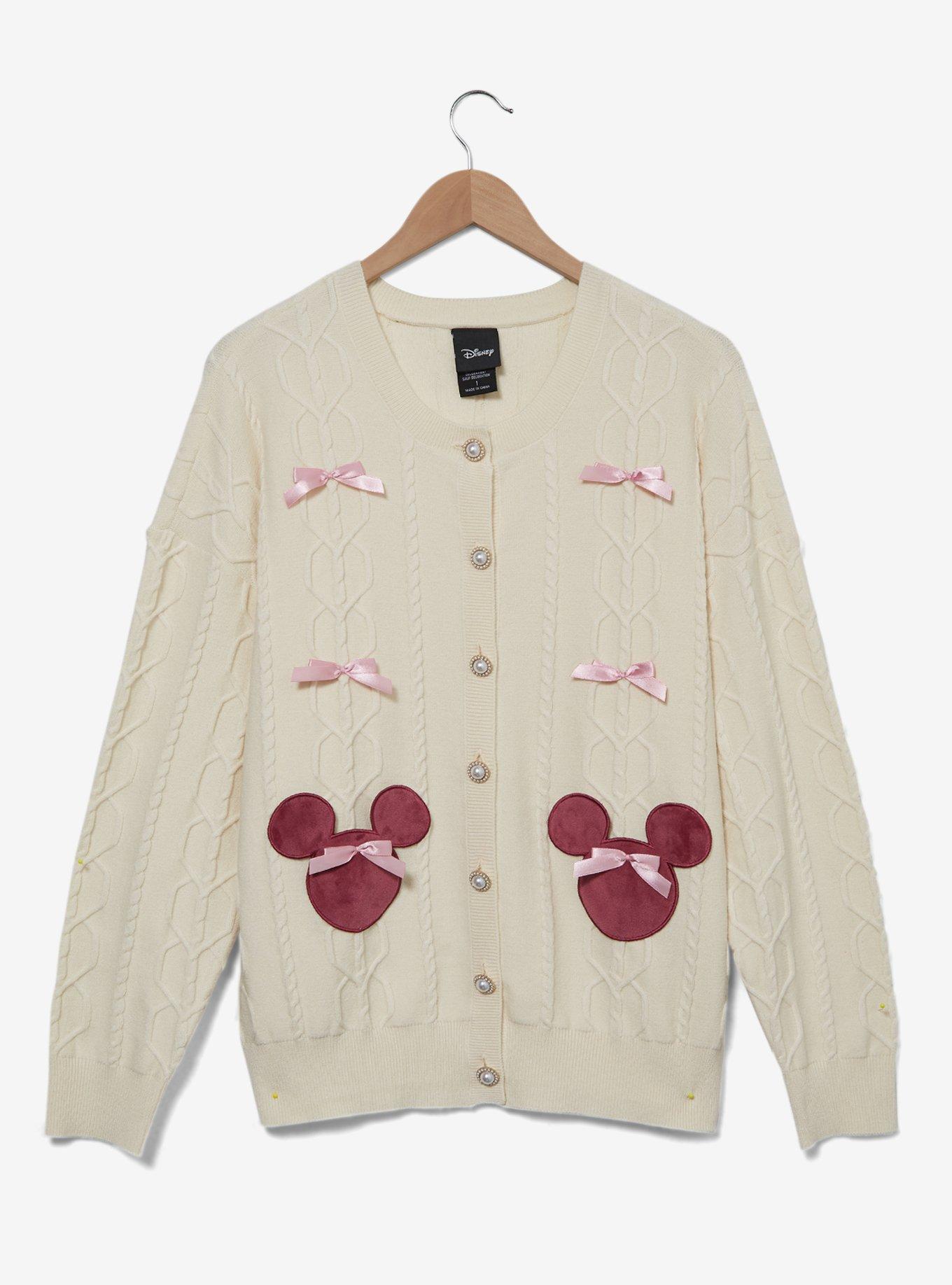 Disney Minnie Mouse Bow Heart Women's Plus Size Cable Knit Cardigan - BoxLunch Exclusive, CREAM, hi-res