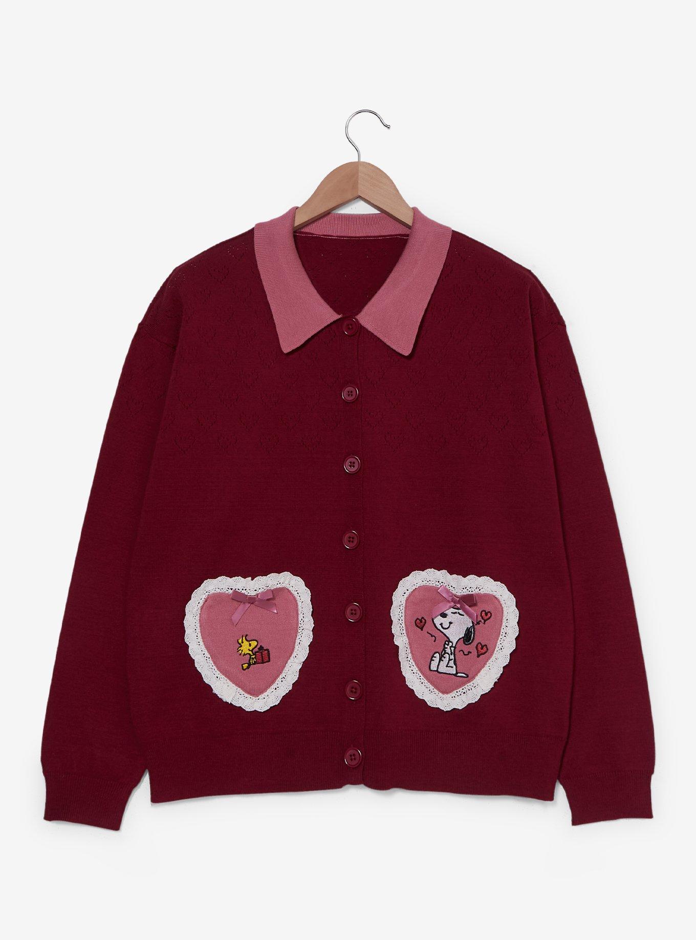 Peanuts Snoopy & Woodstock Heart Lace Women's Plus Size Cardigan &mdash; BoxLunch Exclusive, MAGENTA, hi-res