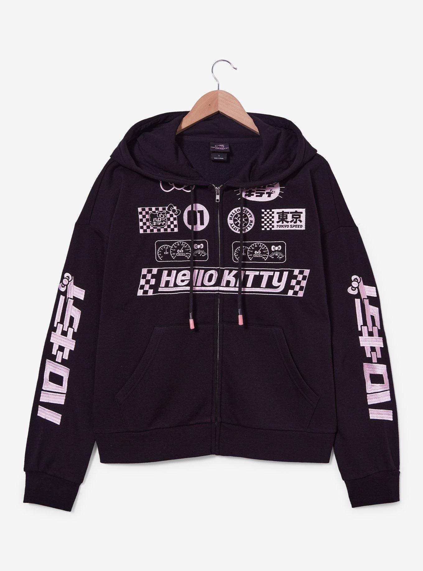 Sanrio Hello Kitty Racing Patches Cropped Women's Plus Size Zippered Hoodie - BoxLunch Exclusive, BLACK, hi-res