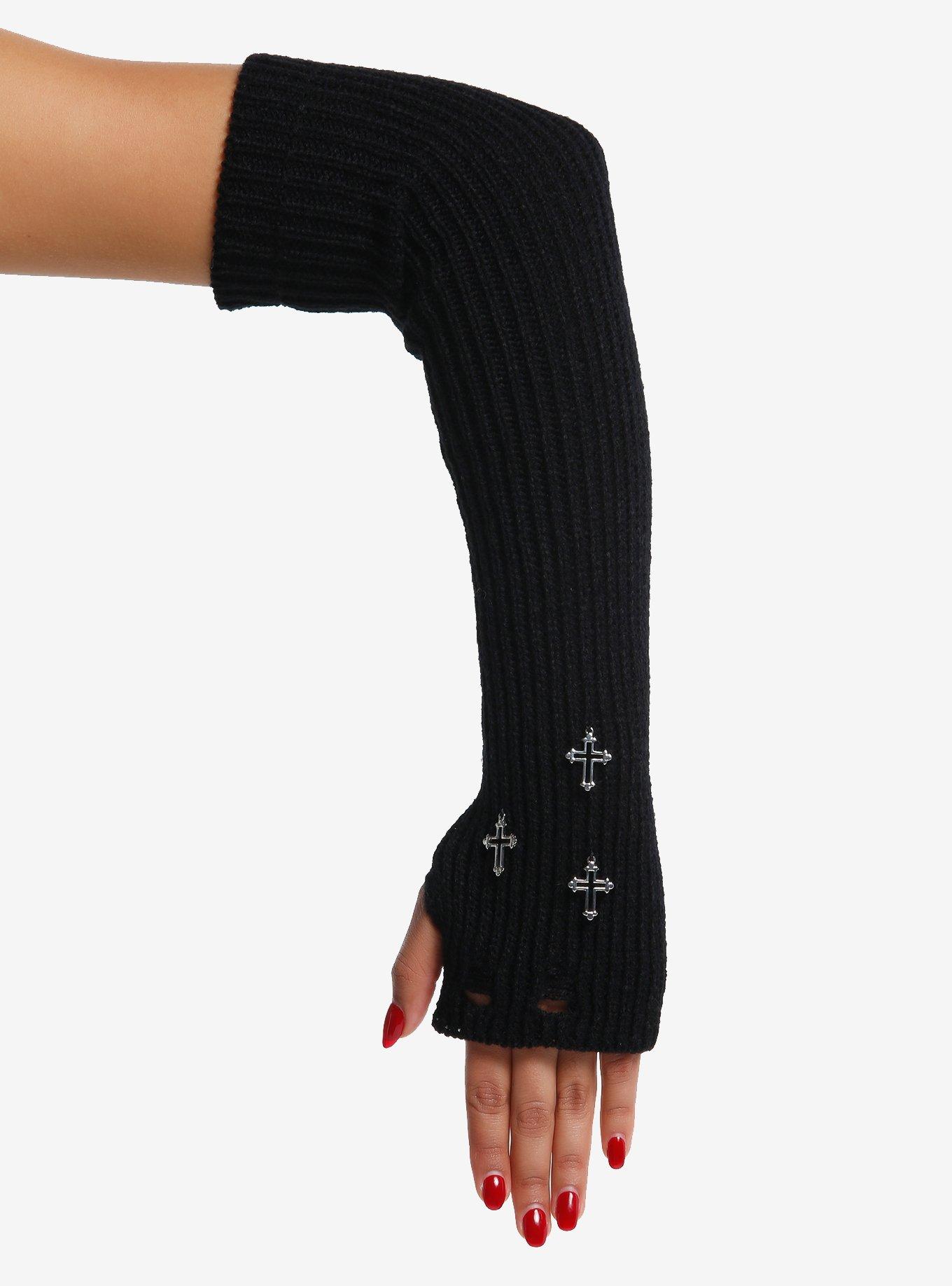 Black Ribbed Cross Charm Arm Warmers | Hot Topic