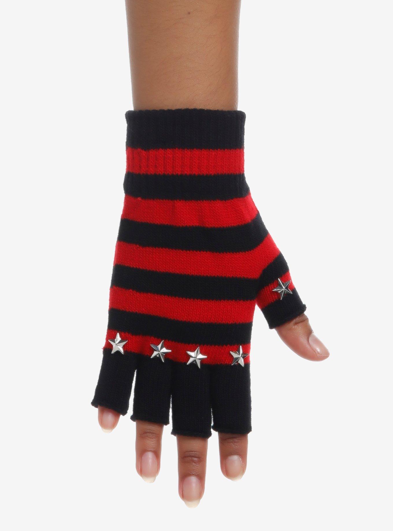 Red & Black Stripe Star Stud Fingerless Gloves, , hi-res