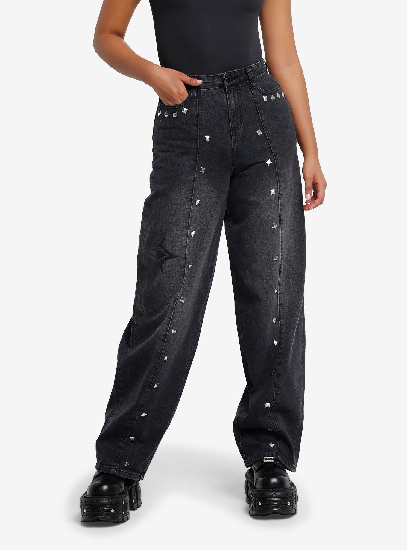 Black Gothic Cross & Stud Wide Leg Jeans, , hi-res